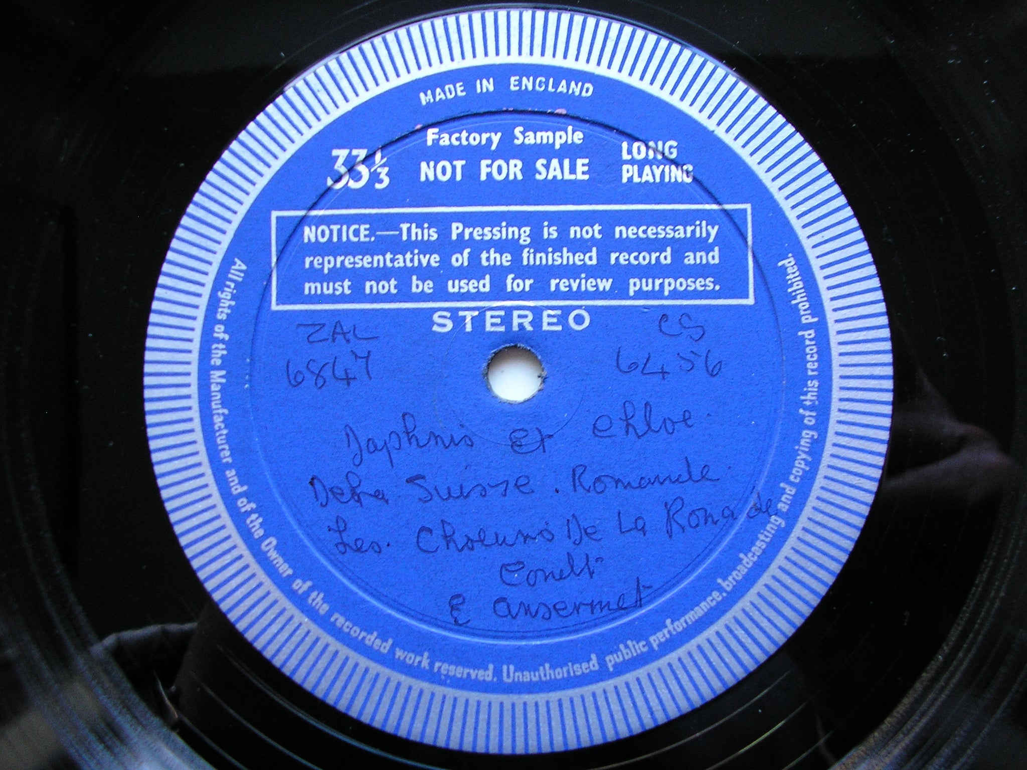 SXL 6204 RAVEL: DAPHNIS & CHLOE complete ballet ANSERMET / SUISSE ROMANDE test pressing
