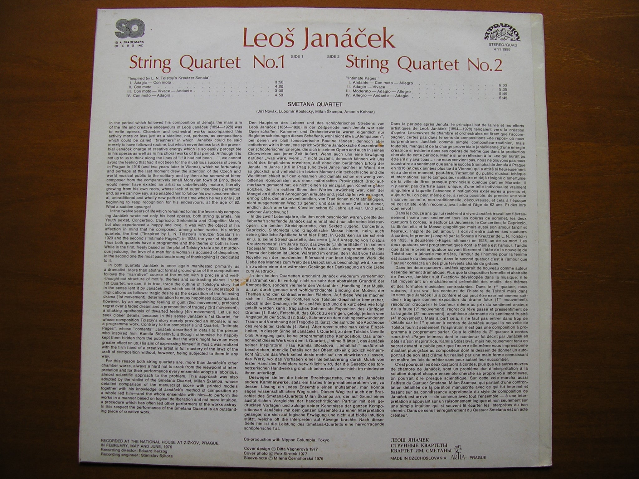 JANACEK: STRING QUARTETS Nos. 1 & 2      SMETANA QUARTET      411 1995