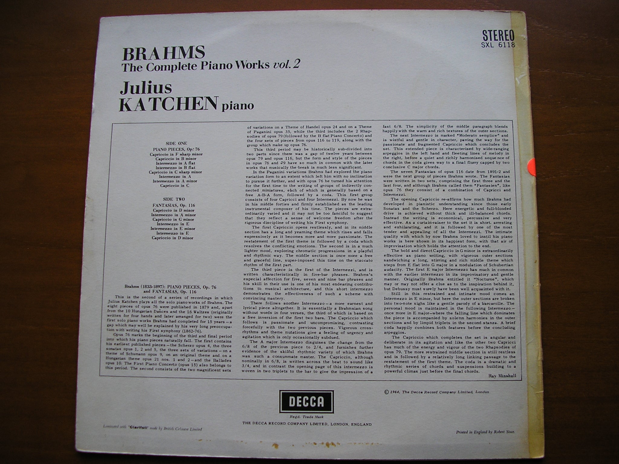 SXL 6118 BRAHMS: COMPLETE SOLO PIANO MUSIC Volume 2: PIANO PIECES Op.76 / FANTASIAS Op.116 JULIUS KATCHEN test pressing