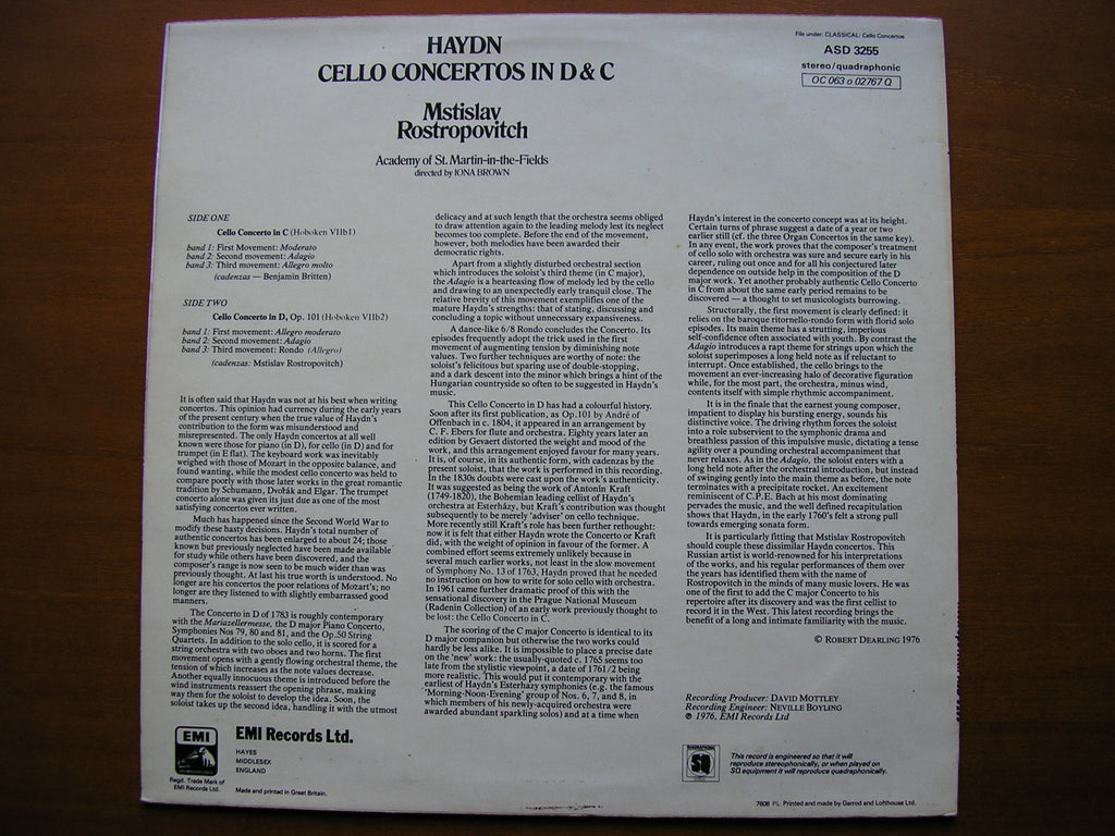 HAYDN: CELLO CONCERTOS in D & C      ROSTROPOVICH / ACADEMY OF ST MARTIN IN THE FIELDS / BROWN     ASD 3255