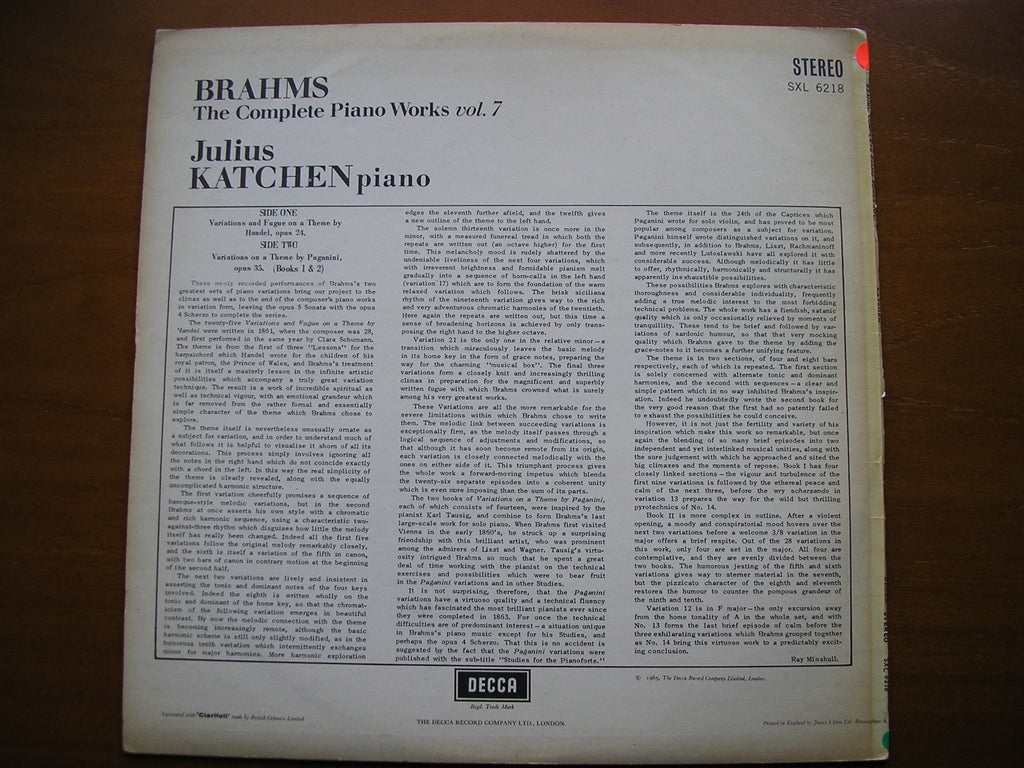 SXL 6218 BRAHMS: COMPLETE SOLO PIANO MUSIC Volume 7: HANDEL VARIATIONS / PAGANINI VARIATIONS JULIUS KATCHEN test pressing