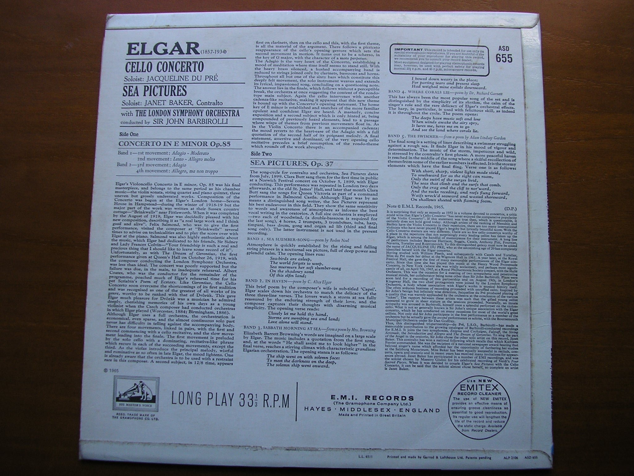 ELGAR: CELLO CONCERTO / SEA PICTURES    DU PRE / BAKER / LONDON SYMPHONY / BARBIROLLI      ASD 655