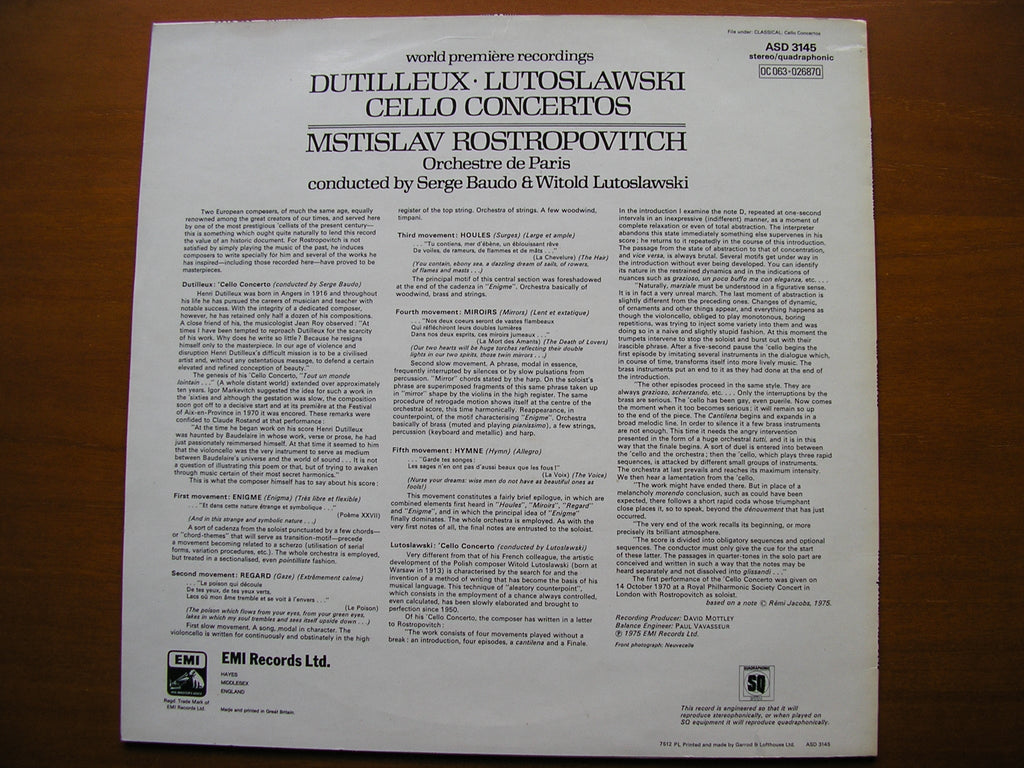DUTILLEUX & LUTOSLAWSKI: CELLO CONCERTOS     ROSTROPOVICH / ORCHESTRE DE PARIS / BAUDO     ASD 3145