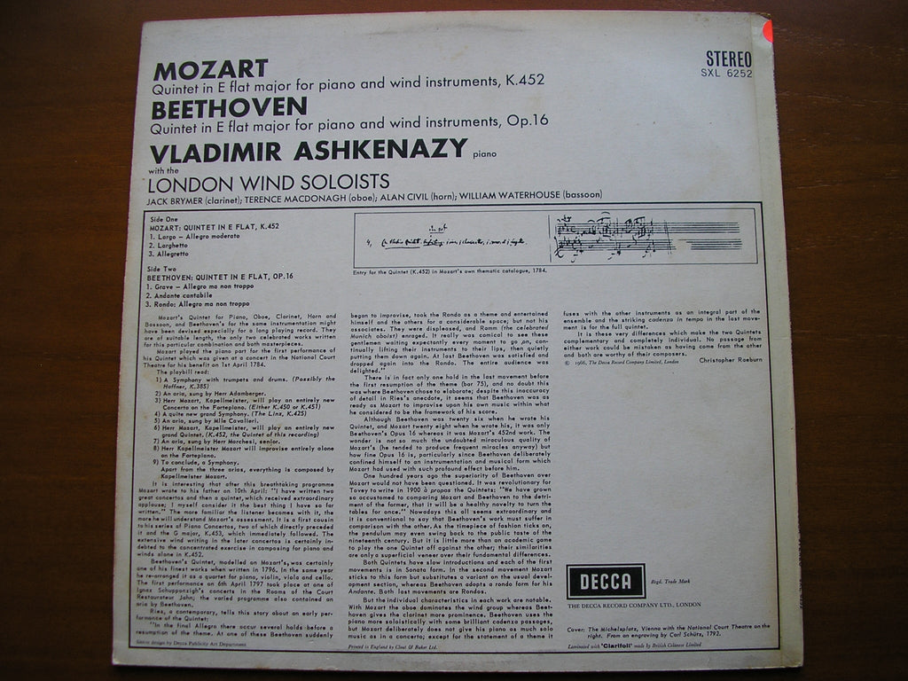 SXL 6252 MOZART & BEETHOVEN: PIANO QUINTETS ASHKENAZY / LONDON WIND SOLOISTS test pressing