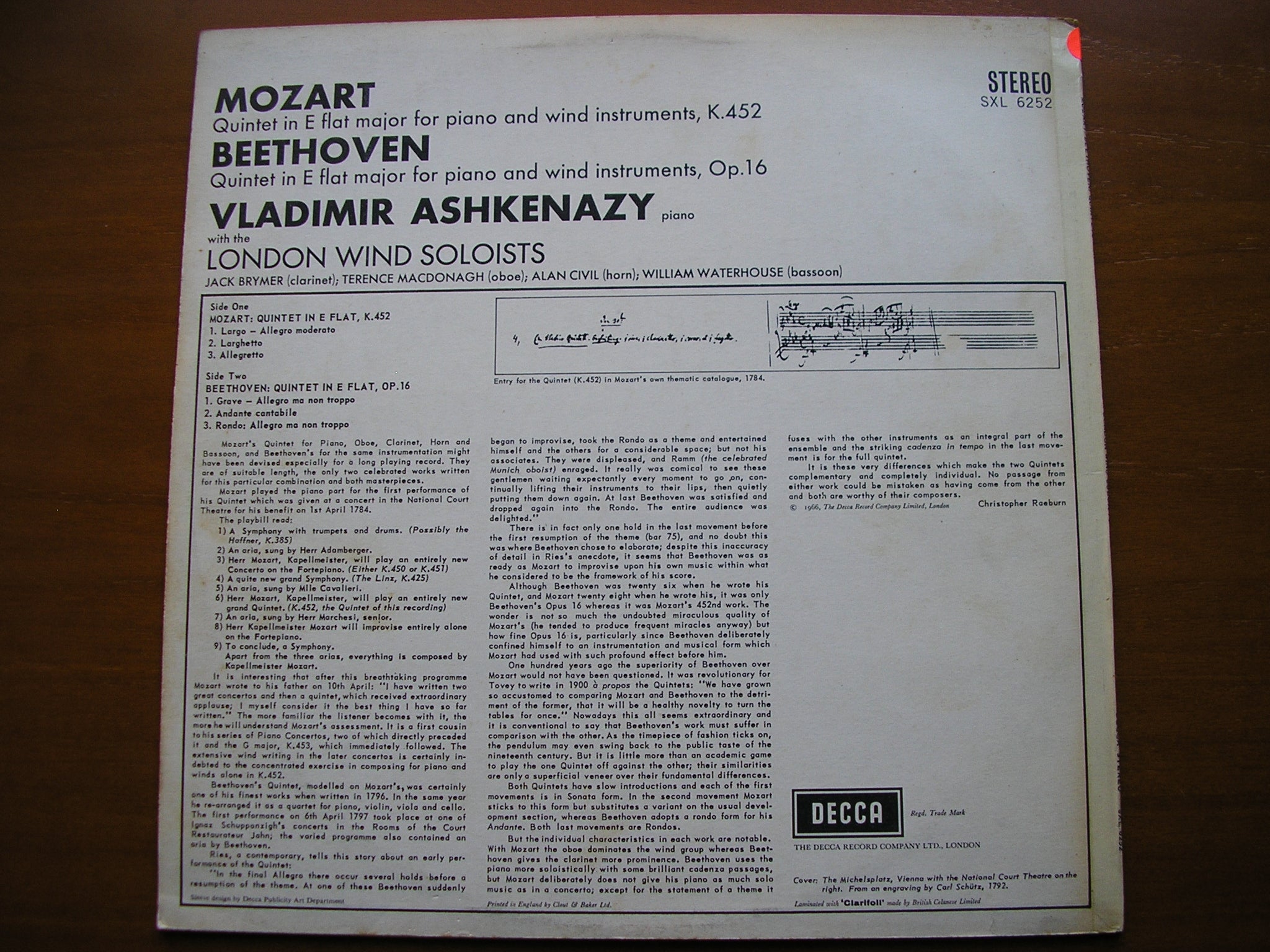 SXL 6252 MOZART & BEETHOVEN: PIANO QUINTETS ASHKENAZY / LONDON WIND SOLOISTS test pressing