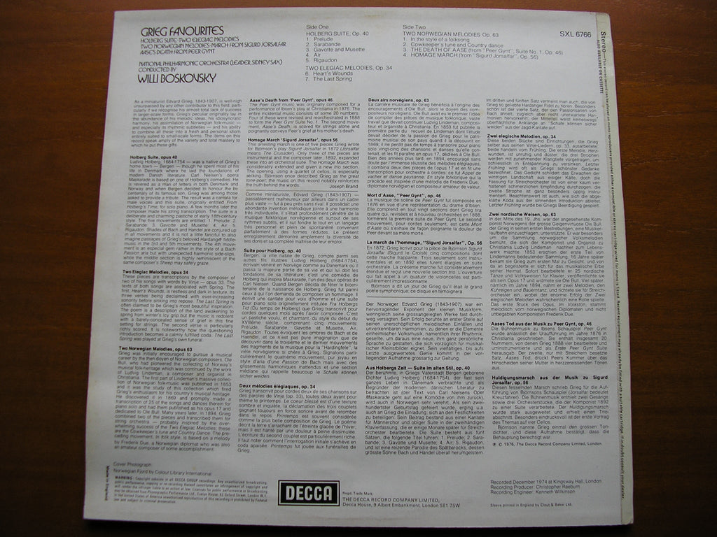 GRIEG: ORCHESTRAL WORKS: HOLBERG SUITE / TWO ELEGIAC MELODIES / TWO NORWEGIAN MELODIES        BOSKOVSKY / NATIONAL PHILHARMONIC      SXL 6766