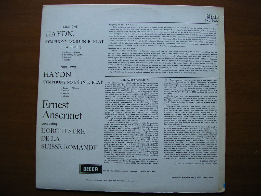 SXL 6022  HAYDN: SYMPHONIES Nos. 84 & 85     ANSERMET / SUISSE ROMANDE      ED1