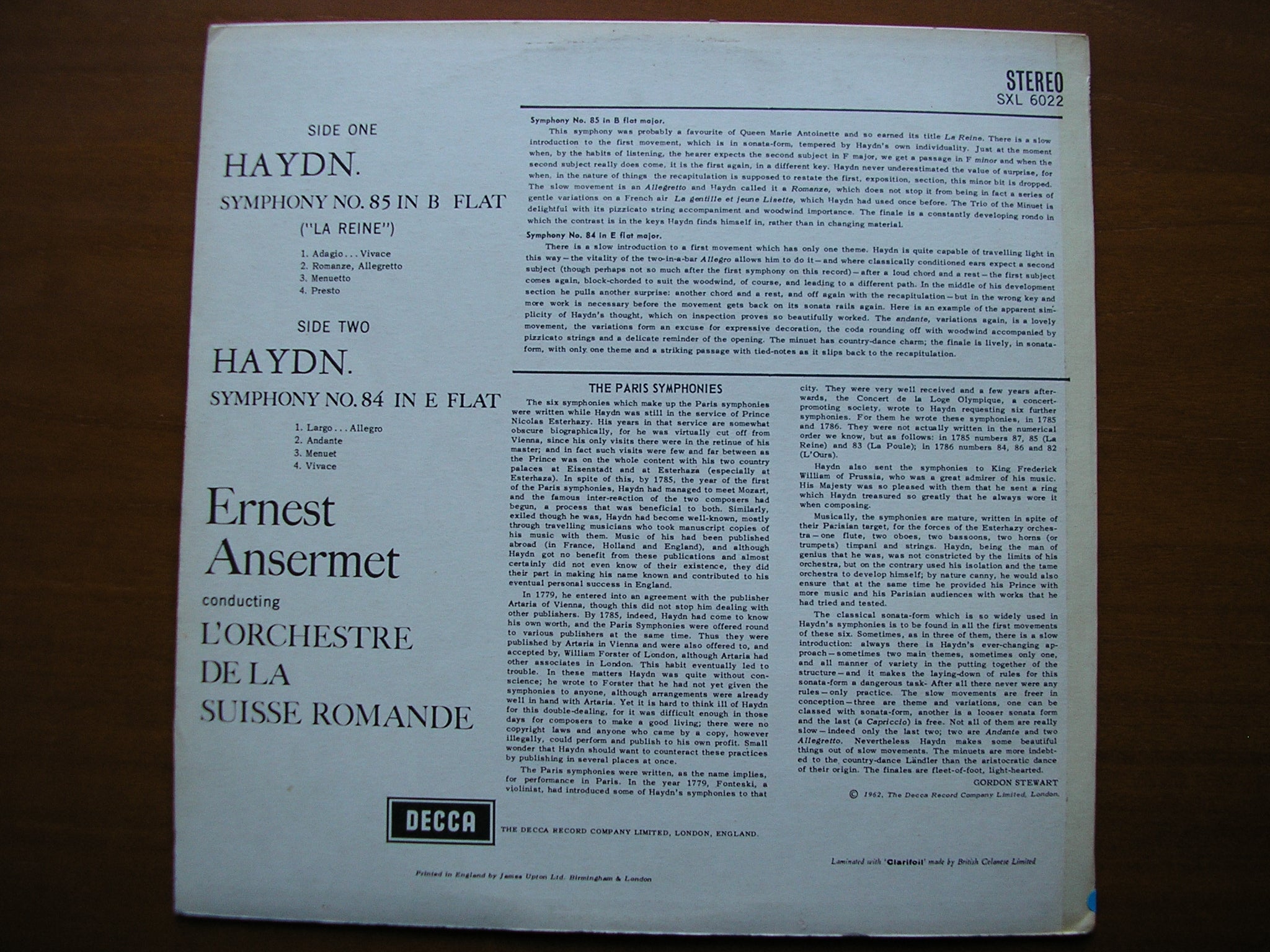 SXL 6022  HAYDN: SYMPHONIES Nos. 84 & 85     ANSERMET / SUISSE ROMANDE      ED1