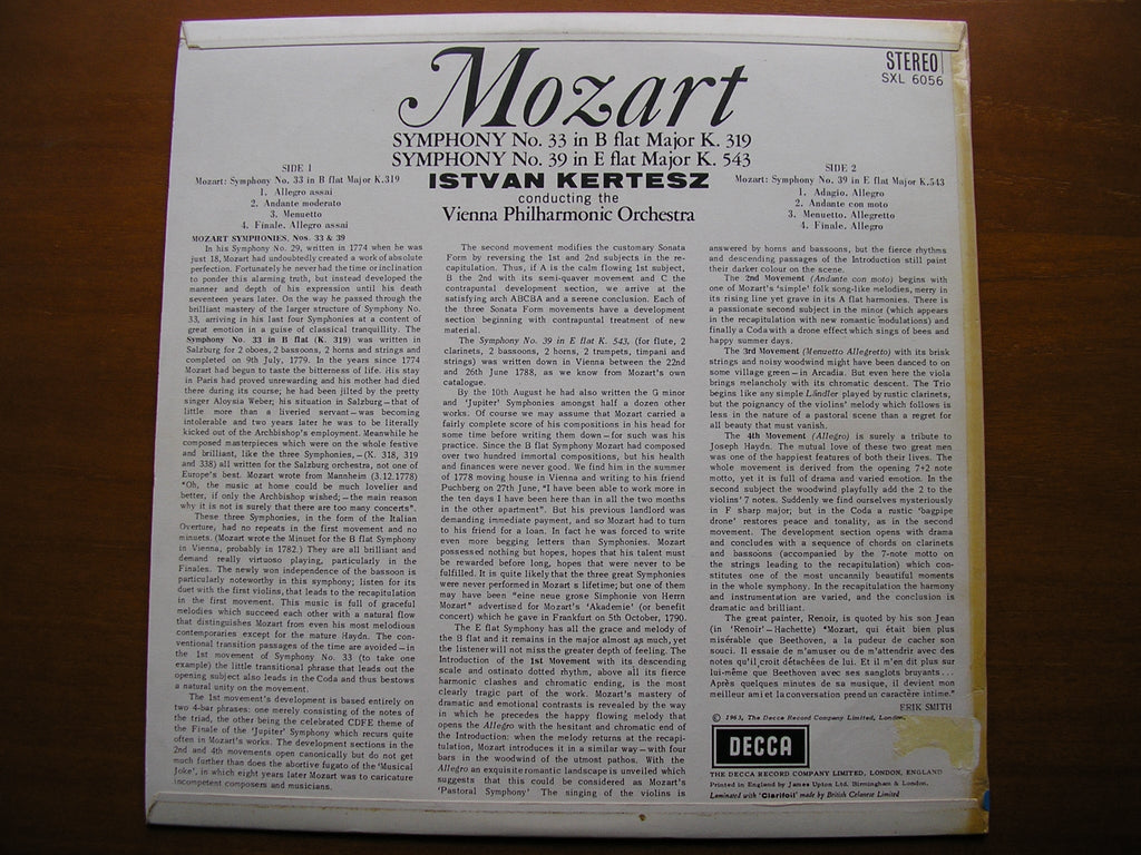 SXL 6056  MOZART: SYMPHONIES Nos. 33 & 39      KERTESZ / VIENNA PHILHARMONIC     ED1