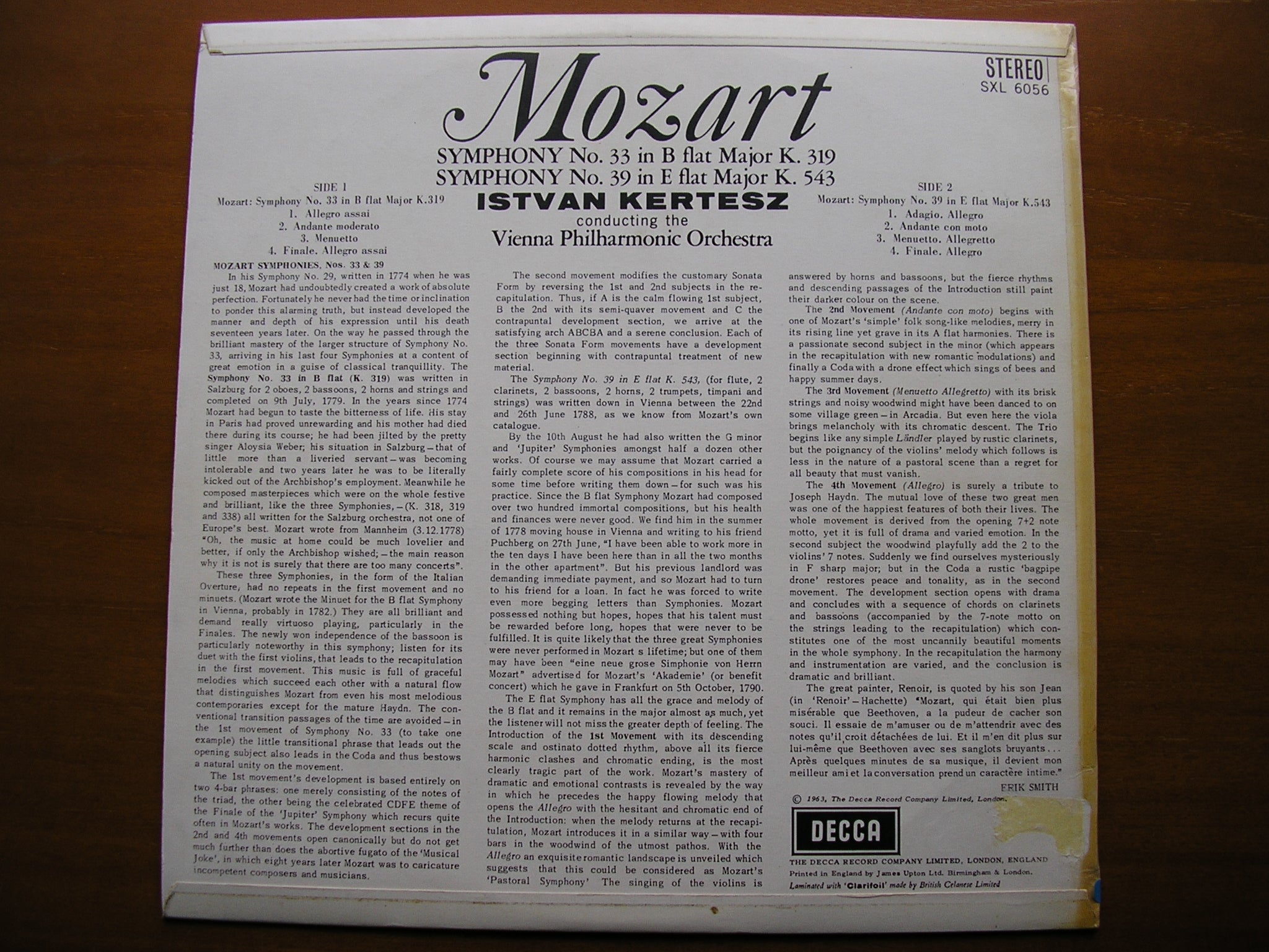 SXL 6056  MOZART: SYMPHONIES Nos. 33 & 39      KERTESZ / VIENNA PHILHARMONIC     ED1