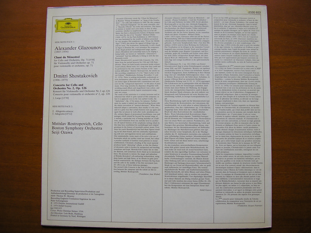 SHOSTAKOVICH: CELLO CONCERTO No. 2 / GLAZOUNOV: CHANT DE MENESTREL    ROSTROPOVICH / BOSTON SYMPHONY / OZAWA     2530 653