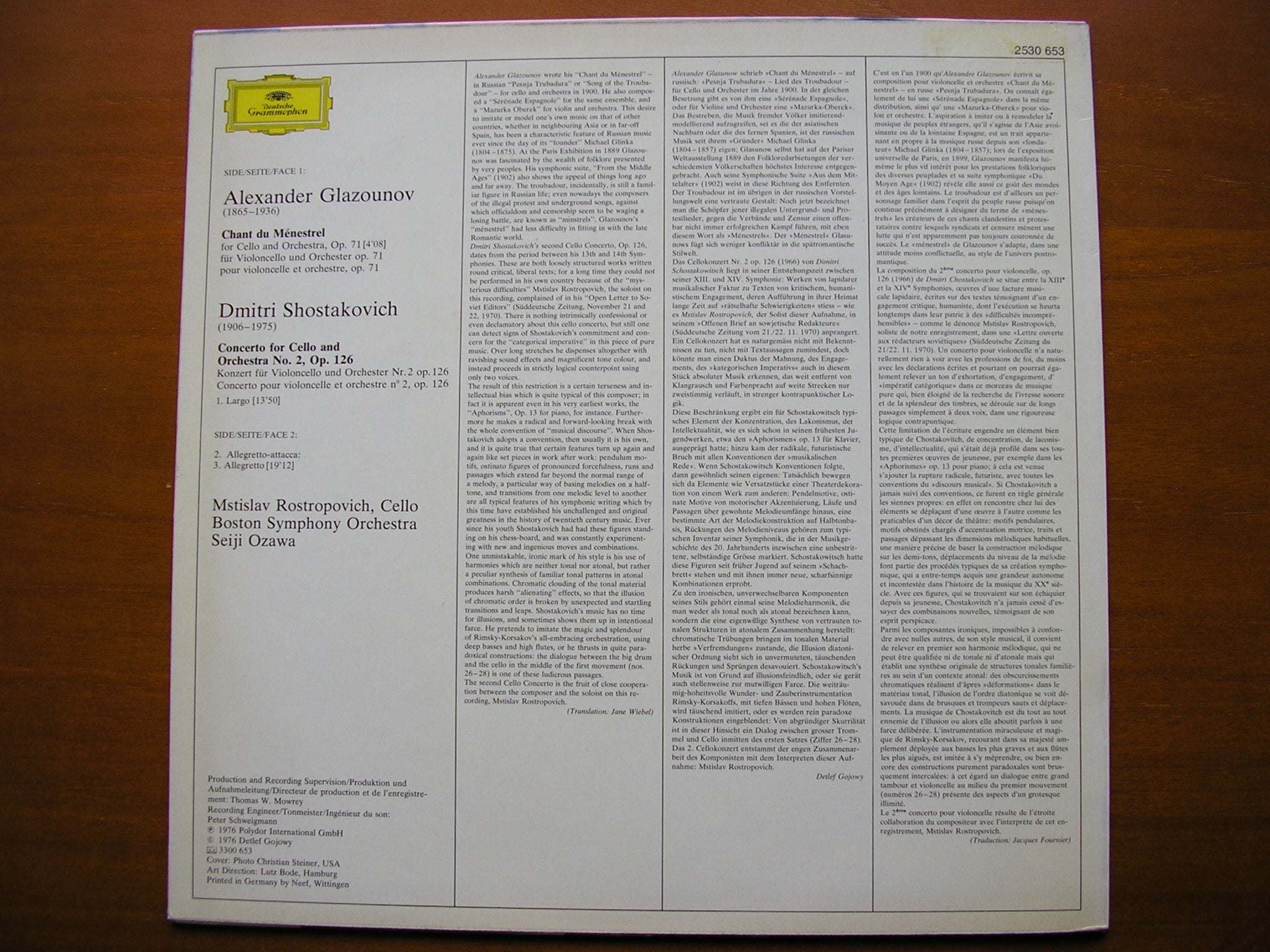 SHOSTAKOVICH: CELLO CONCERTO No. 2 / GLAZOUNOV: CHANT DE MENESTREL    ROSTROPOVICH / BOSTON SYMPHONY / OZAWA     2530 653