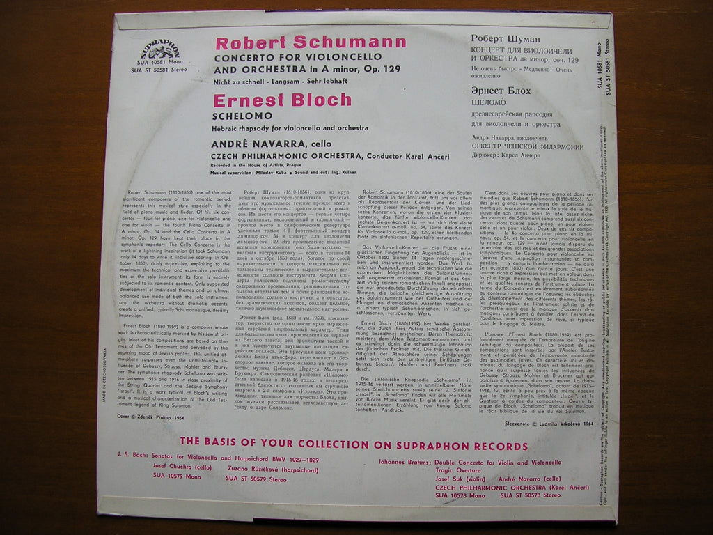 SCHUMANN: CELLO CONCERTO / BLOCH: SCHELOMO       NAVARRA / CZECH PHILHARMONIC / ANCERL     SUA ST 50581