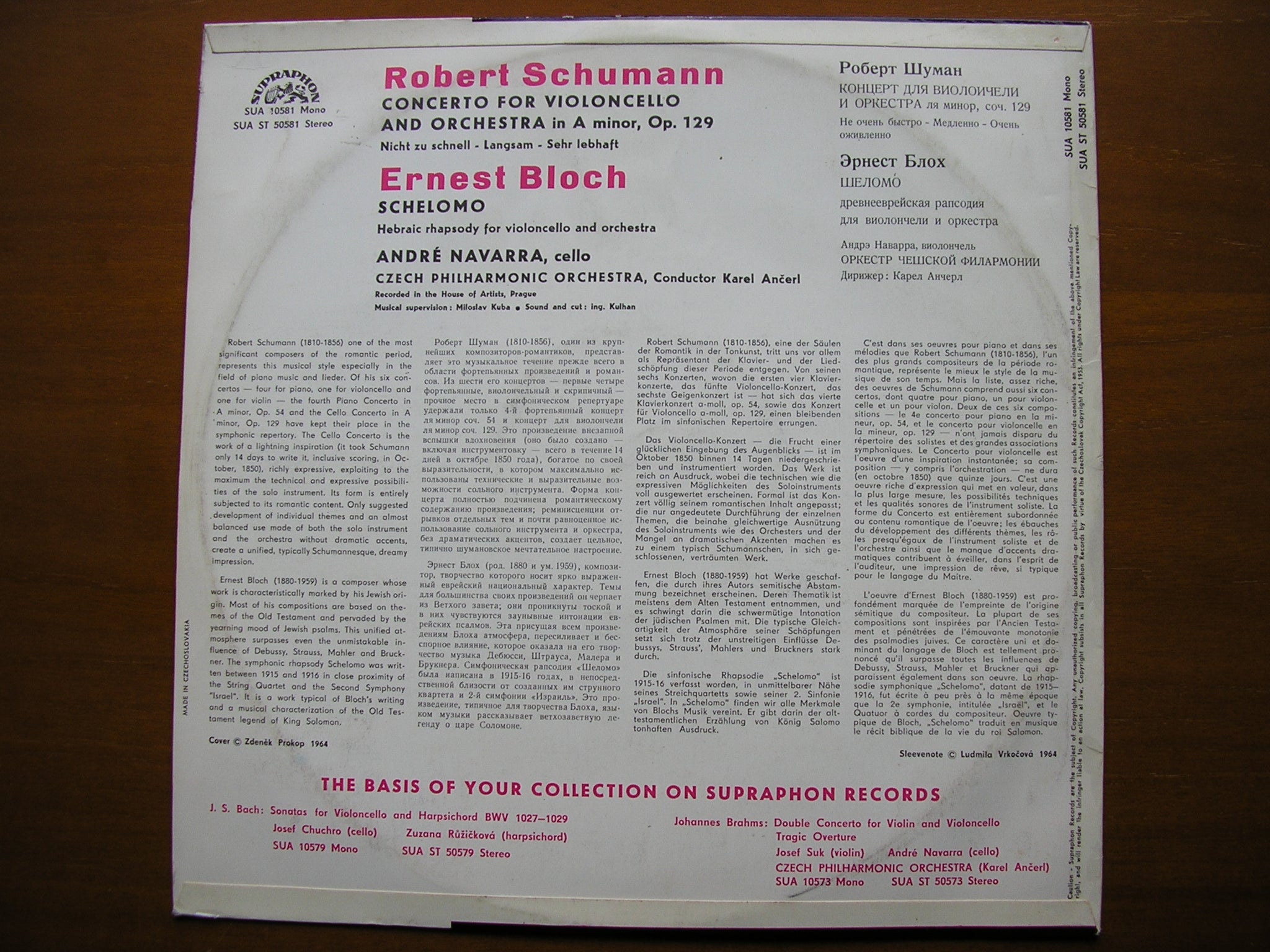 SCHUMANN: CELLO CONCERTO / BLOCH: SCHELOMO       NAVARRA / CZECH PHILHARMONIC / ANCERL     SUA ST 50581