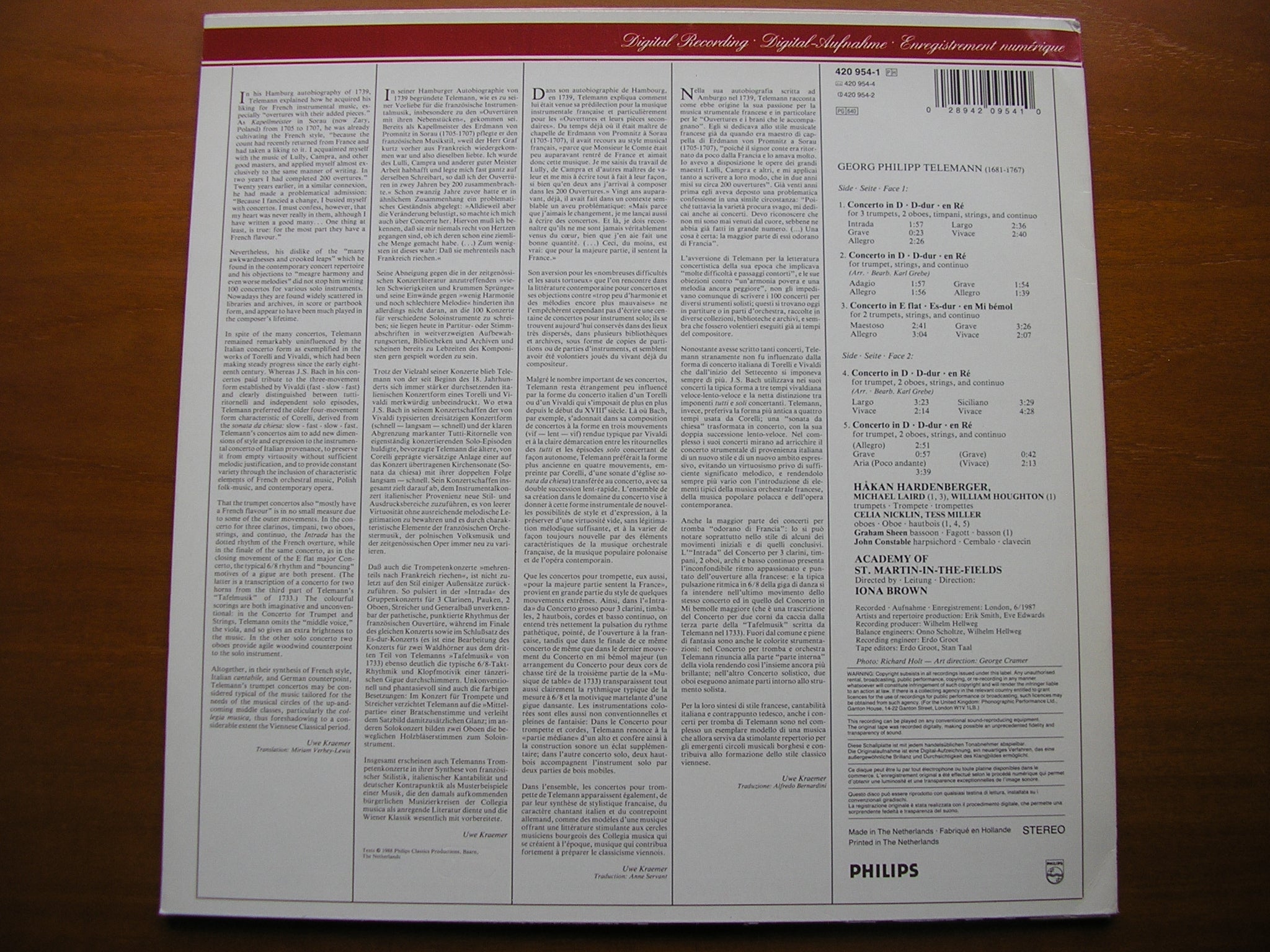 TELEMANN: TRUMPET CONCERTOS     HARDENBERGER / LAIRD / HOUGHTON / ASMIF / BROWN    420 954