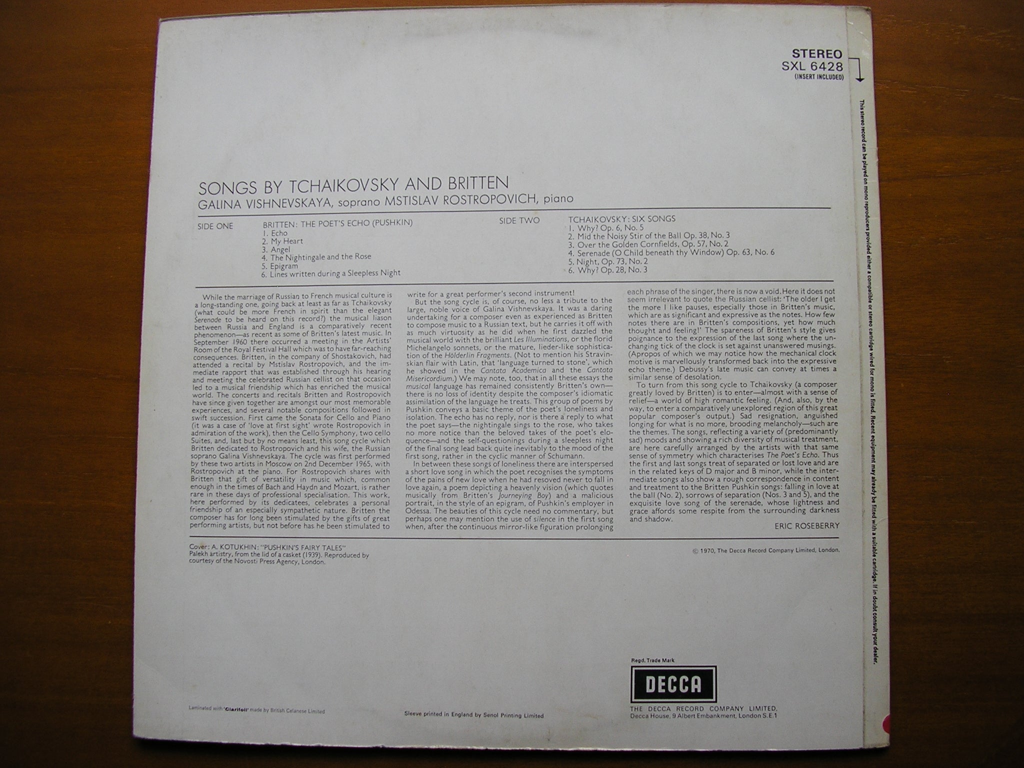 TCHAIKOVSKY: SIX SONGS / BRITTEN: THE POET'S ECHO     VISHNEVSKAYA / ROSTROPOVICH     SXL 6428