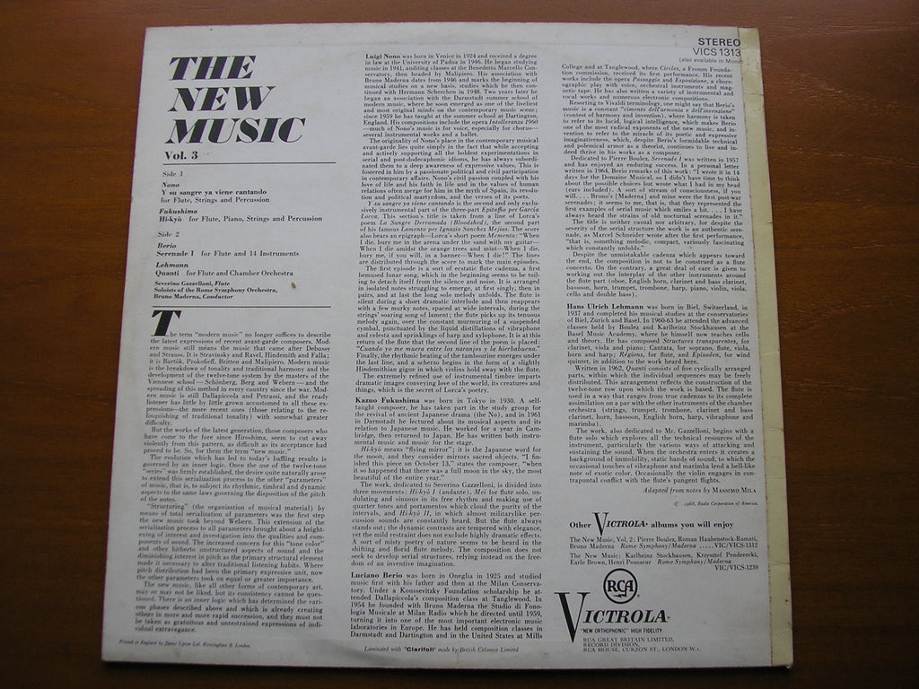 THE NEW MUSIC  Volume 3: NONO / FUKUSHIMA / BERIO / LEHMANN      ROME SYMPHONY / MADERNA      VICS 1313