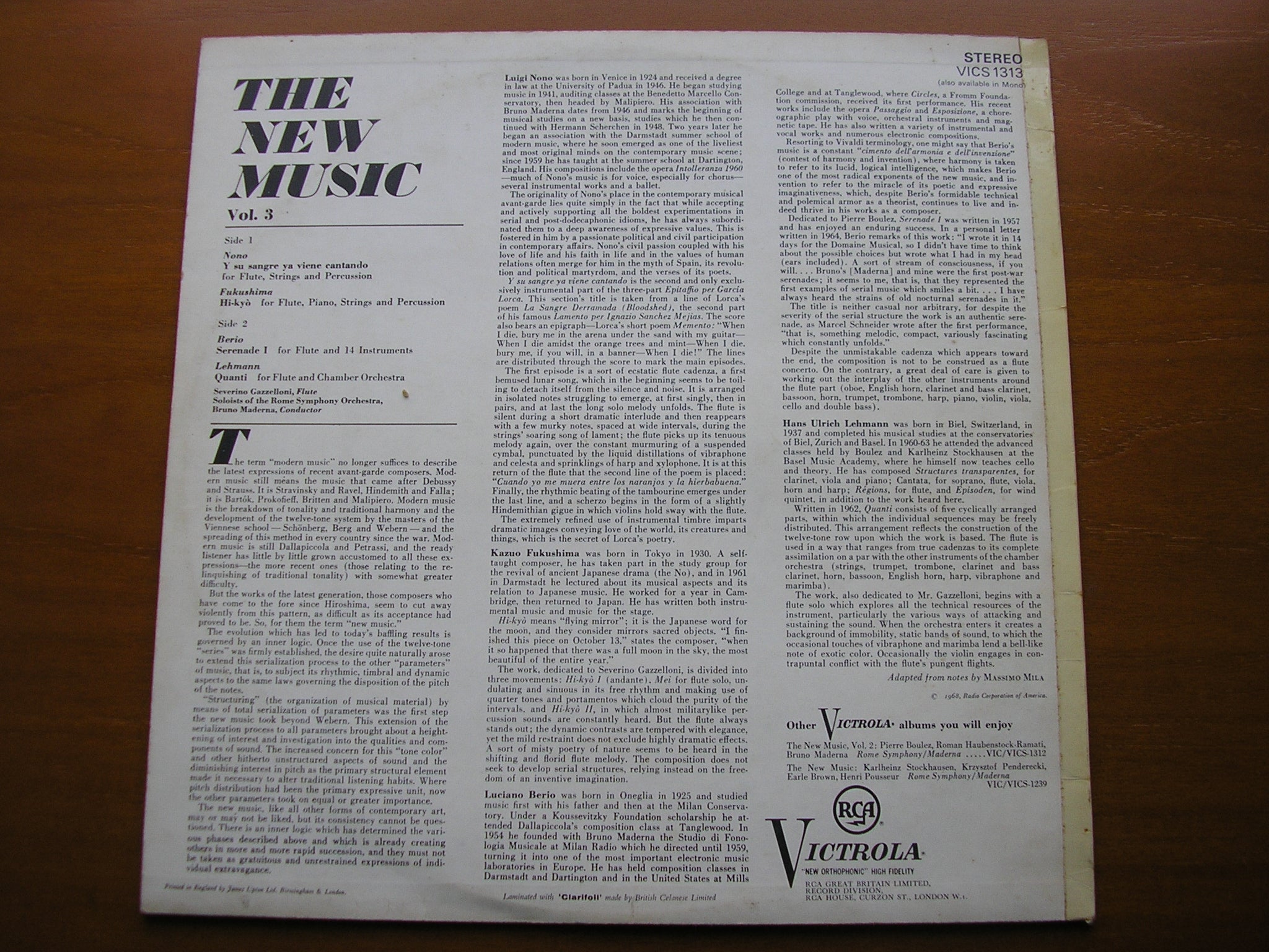 THE NEW MUSIC  Volume 3: NONO / FUKUSHIMA / BERIO / LEHMANN      ROME SYMPHONY / MADERNA      VICS 1313