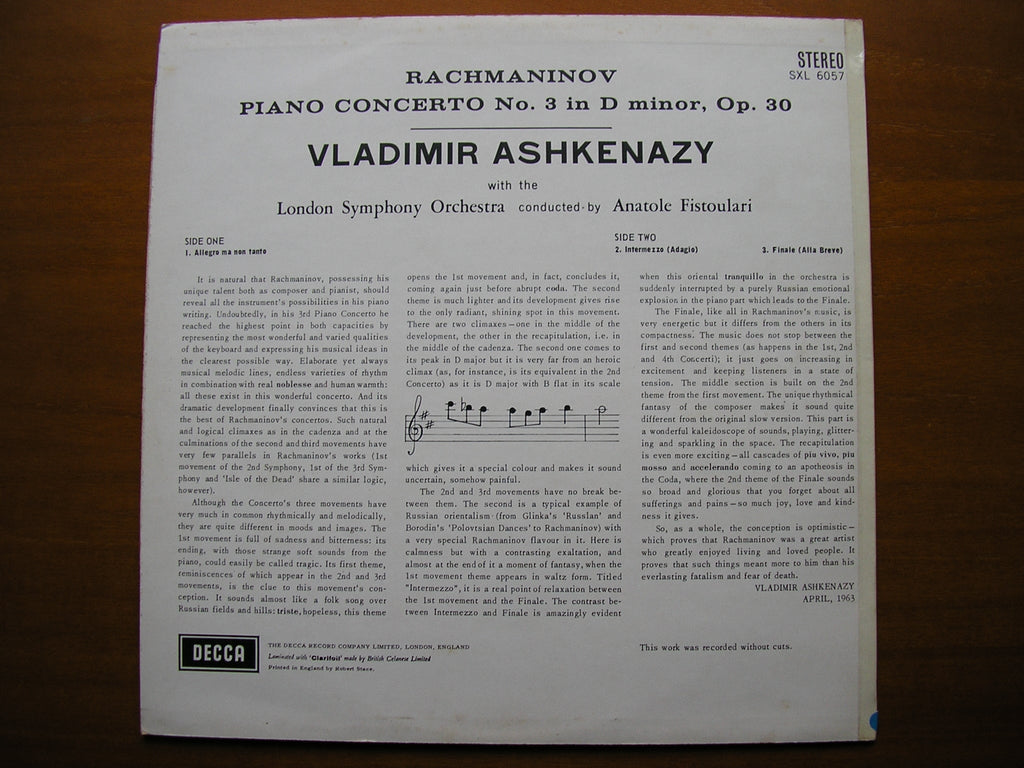 SXL 6057  RACHMANINOV: PIANO CONCERTO No. 3      ASHKENAZY / LONDON SYMPHONY / FISTOULARI     ED1