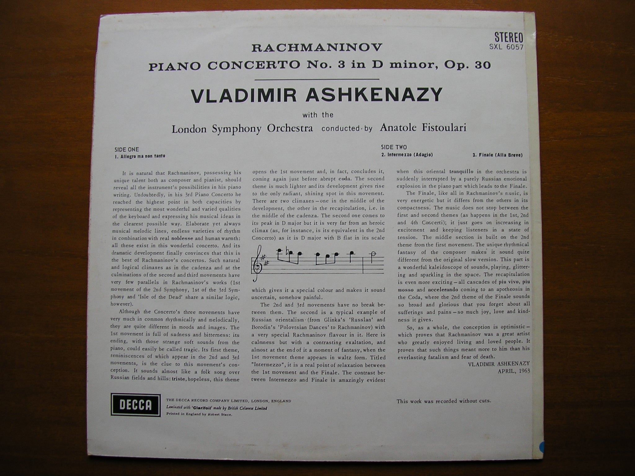 SXL 6057  RACHMANINOV: PIANO CONCERTO No. 3      ASHKENAZY / LONDON SYMPHONY / FISTOULARI     ED1