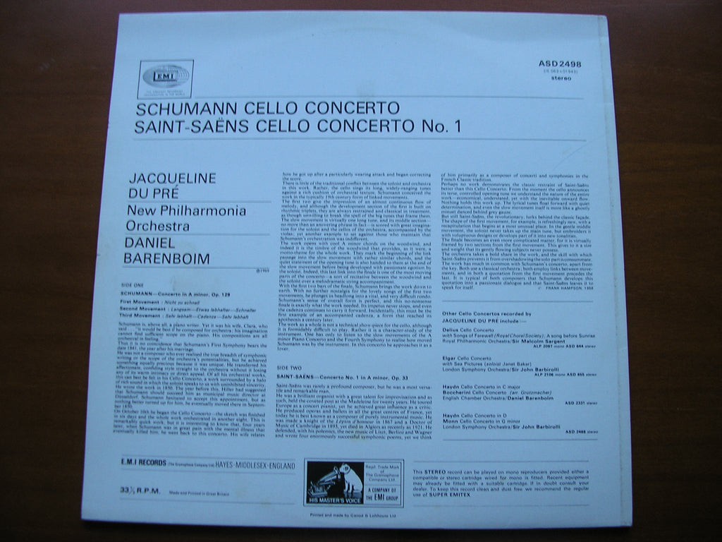 SCHUMANN / SAINT-SAENS: CELLO CONCERTOS       DU PRE / NEW PHILHARMONIA ORCHESTRA / BARENBOIM     ASD 2498