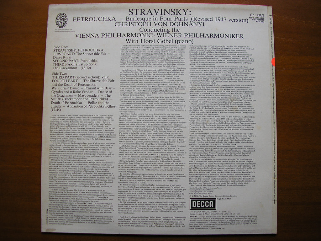 SXL 6883 STRAVINSKY: PETROUCHKA (1947 version) VON DOHNANYI / VIENNA PHILHARMONIC test pressing