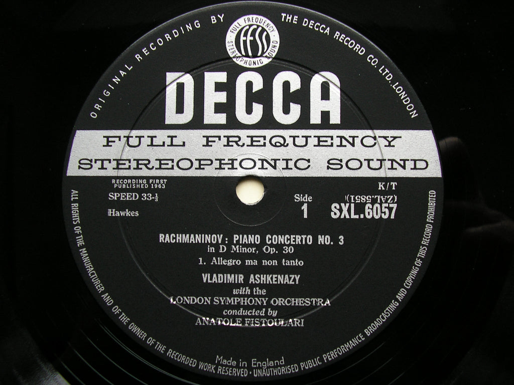 SXL 6057  RACHMANINOV: PIANO CONCERTO No. 3      ASHKENAZY / LONDON SYMPHONY / FISTOULARI     ED1