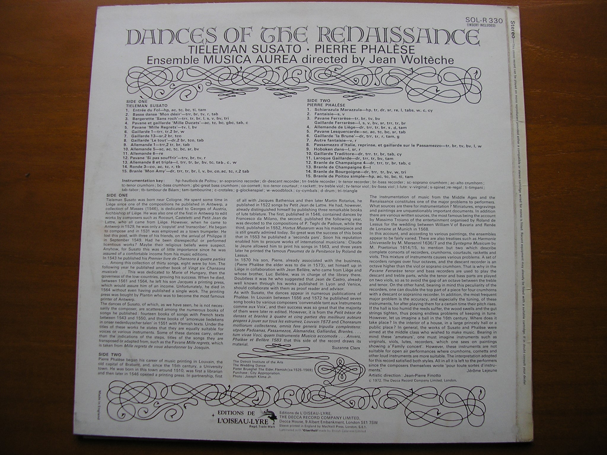 DANCES OF THE RENAISSANCE: SUSATO & PHALESE         ENSEMBLE AUREA / JEAN WOLTECHE       SOL-R 330