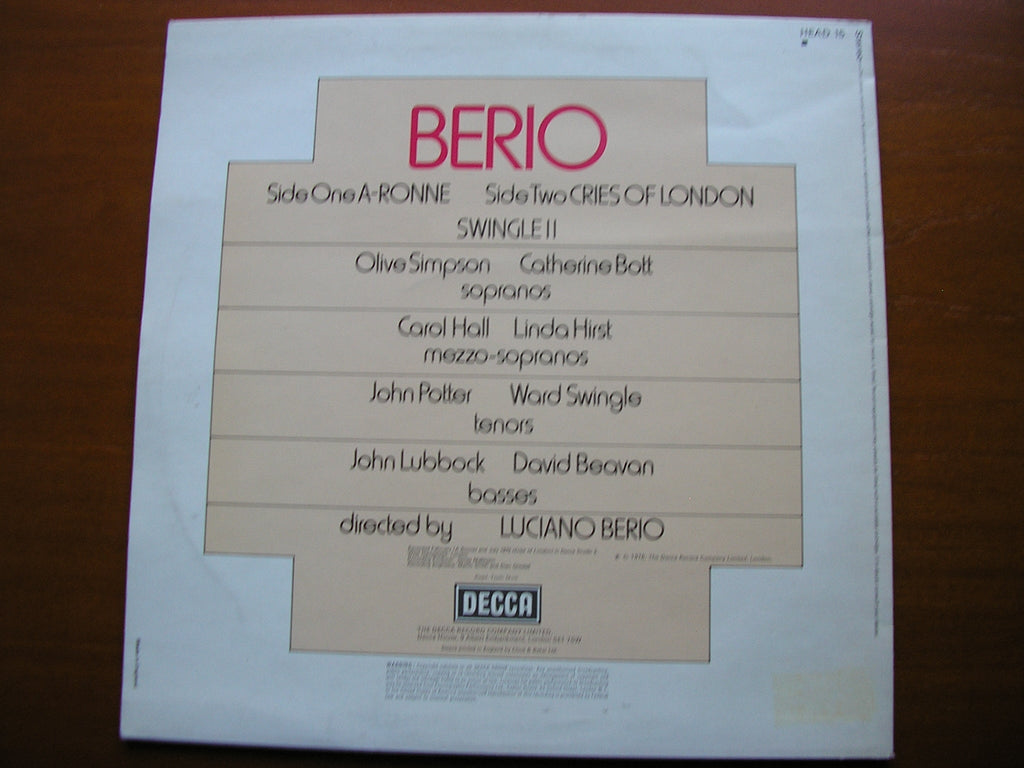 BERIO: A-RONNIE / CRIES OF LONDON    SWINGLE II / LUCIANO BERIO   HEAD 15