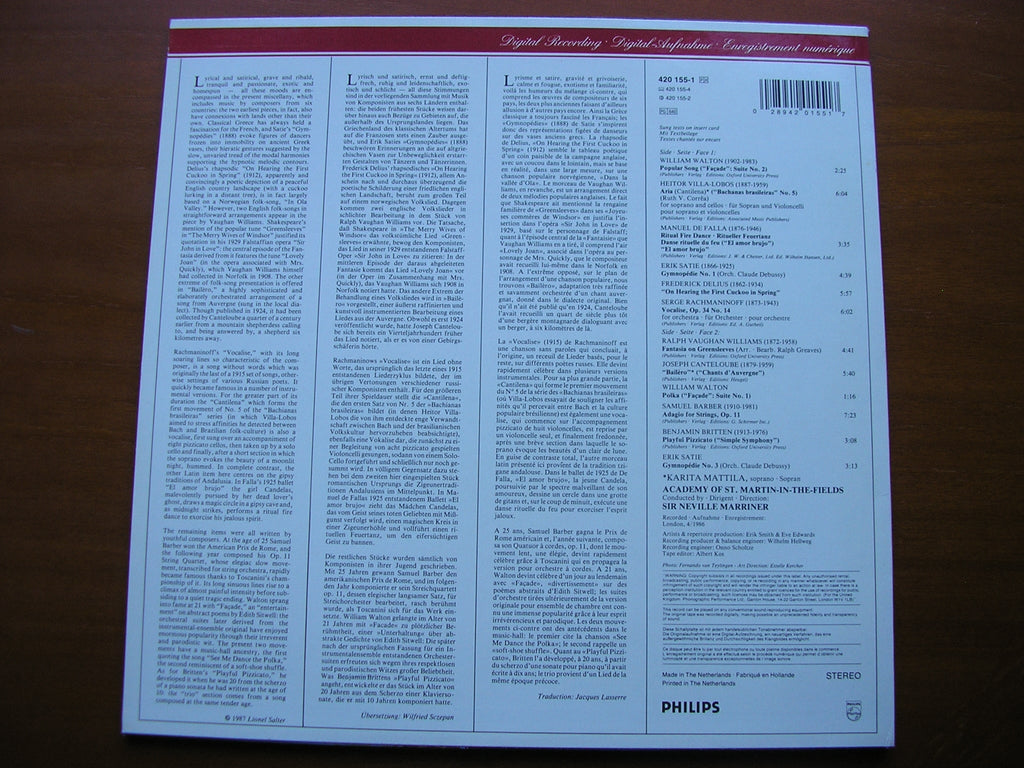 VILLA-LOBOS / WALTON / BARBER / SATIE / FALLA / RACHMANINOV    MATTILA / ASMIF / MARRINER   420 155