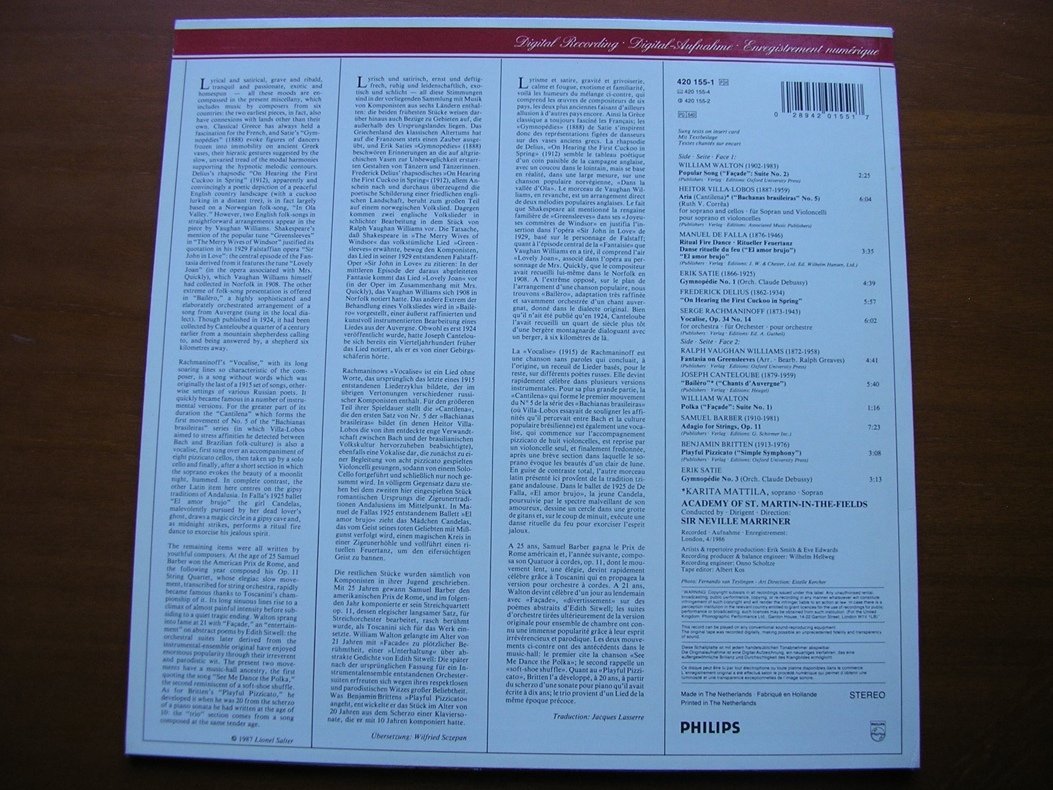 VILLA-LOBOS / WALTON / BARBER / SATIE / FALLA / RACHMANINOV    MATTILA / ASMIF / MARRINER   420 155