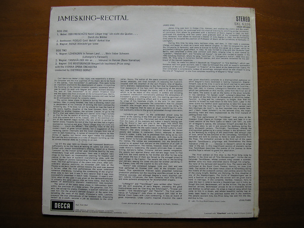 SXL 6326  OPERA ARIAS: WEBER / WAGNER / BEETHOVEN       JAMES KING / VIENNA OPERA ORCHESTRA / BERNET      ED2