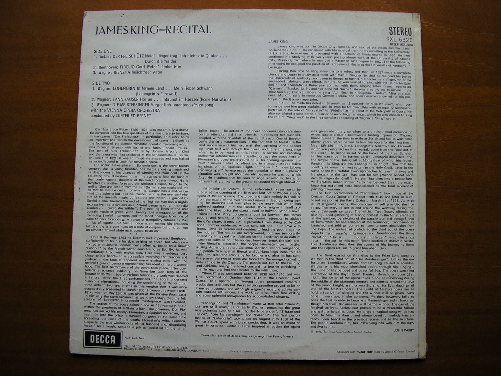 SXL 6326  OPERA ARIAS: WEBER / WAGNER / BEETHOVEN       JAMES KING / VIENNA OPERA ORCHESTRA / BERNET      ED2