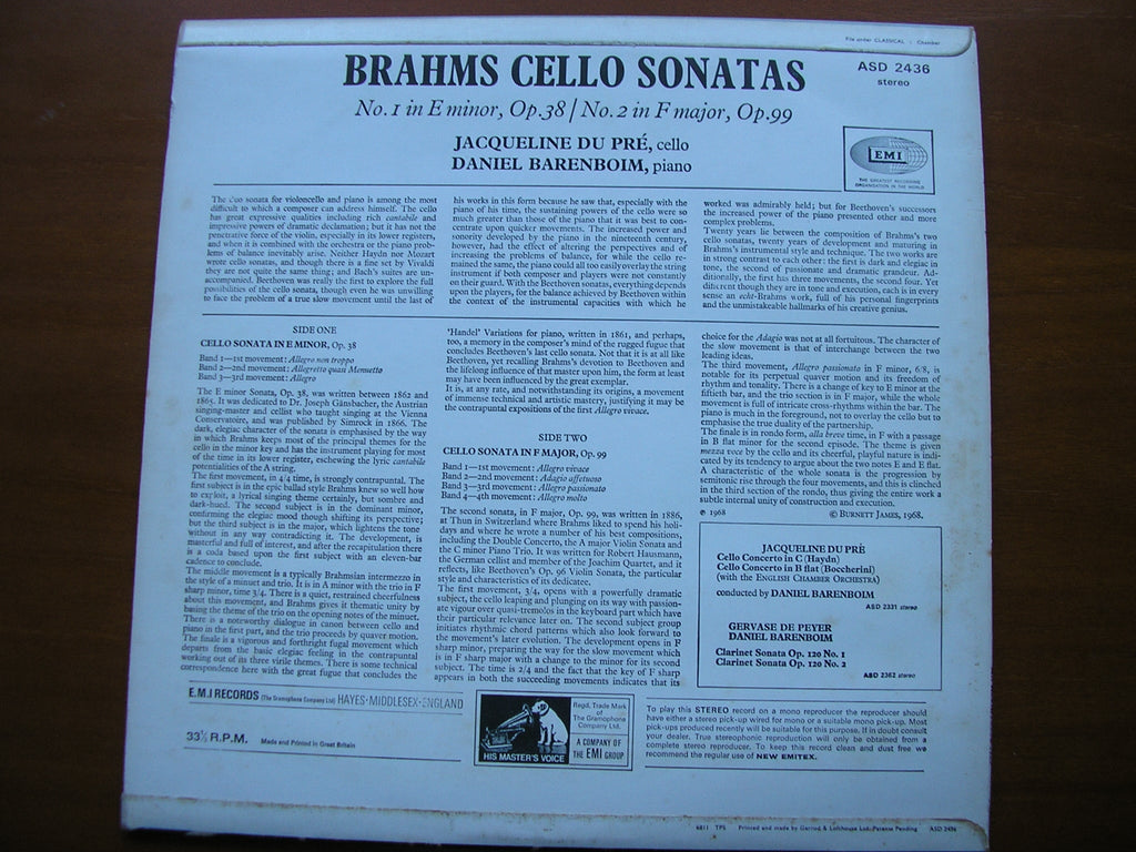 BRAHMS: CELLO SONATAS Nos. 1 & 2      JACQUELINE DU PRE / DANIEL BARENBOIM     ASD 2436