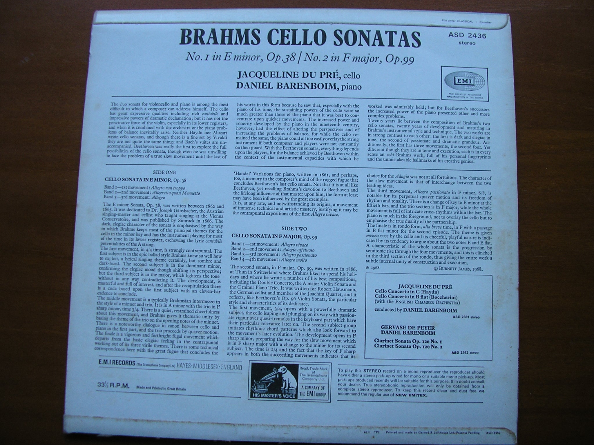 BRAHMS: CELLO SONATAS Nos. 1 & 2      JACQUELINE DU PRE / DANIEL BARENBOIM     ASD 2436