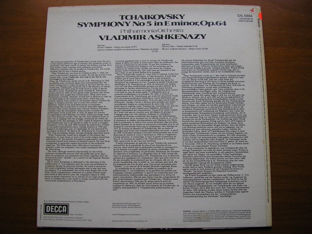 SXL 6884 TCHAIKOVSKY: SYMPHONY No. 5 ASHKENAZY / PHILHARMONIA ORCHESTRA test pressing