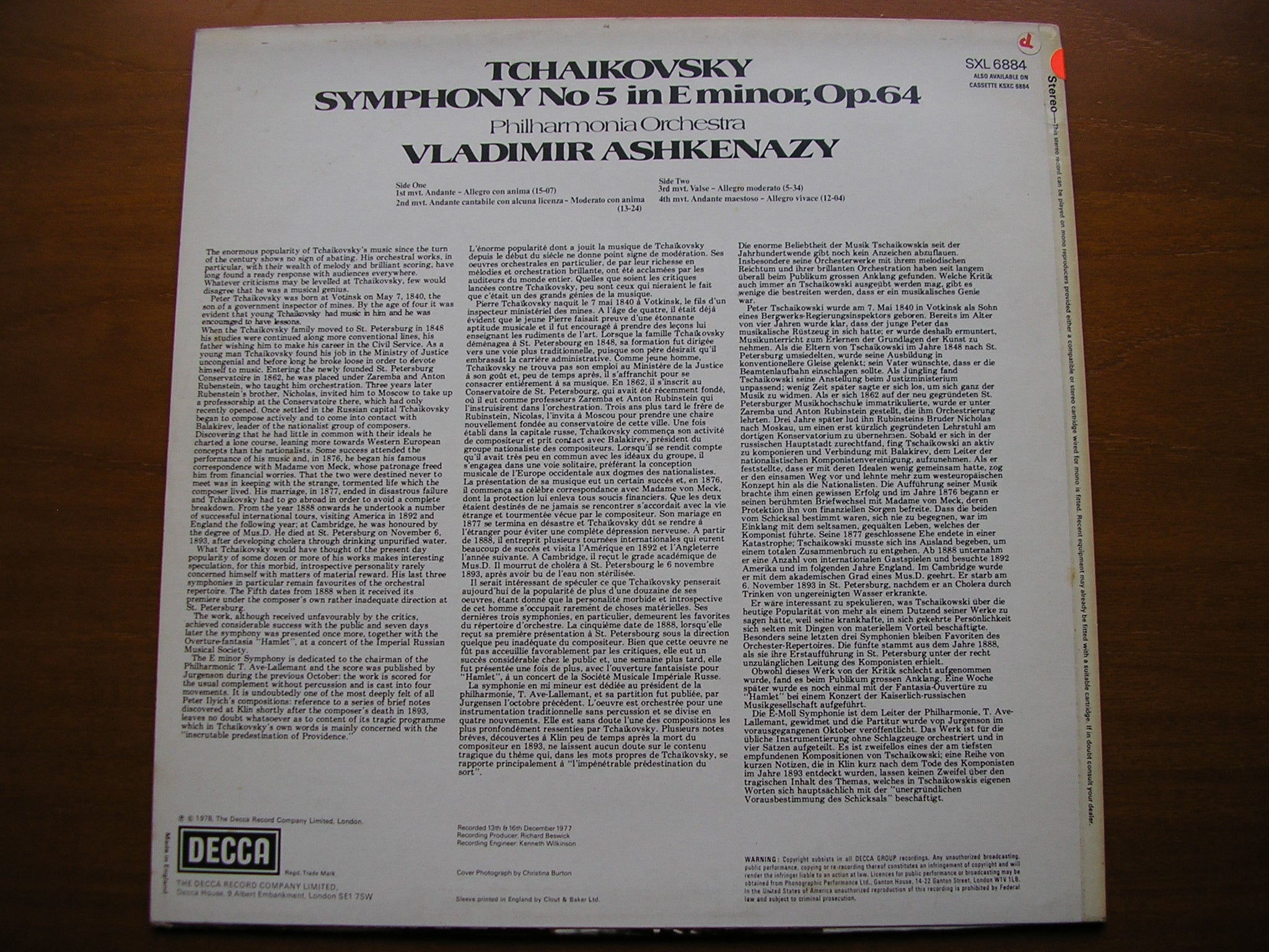 SXL 6884 TCHAIKOVSKY: SYMPHONY No. 5 ASHKENAZY / PHILHARMONIA ORCHESTRA test pressing
