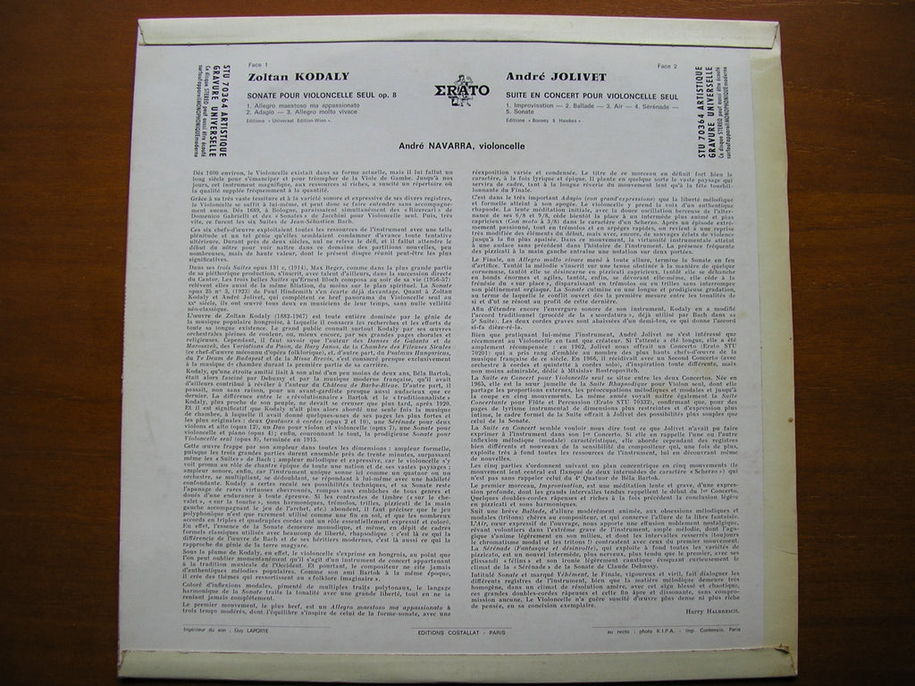 KODALY & JOLIVET: MUSIC FOR SOLO CELLO     ANDRE NAVARRA     STU 70364