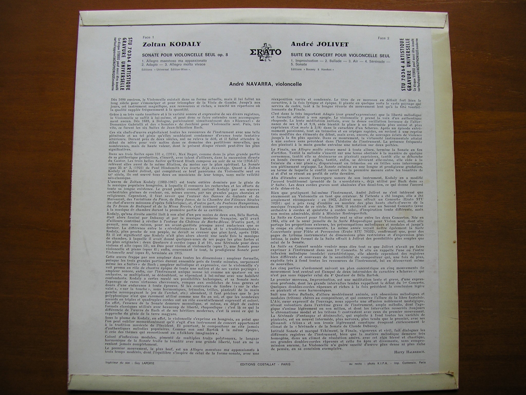 KODALY & JOLIVET: MUSIC FOR SOLO CELLO     ANDRE NAVARRA     STU 70364