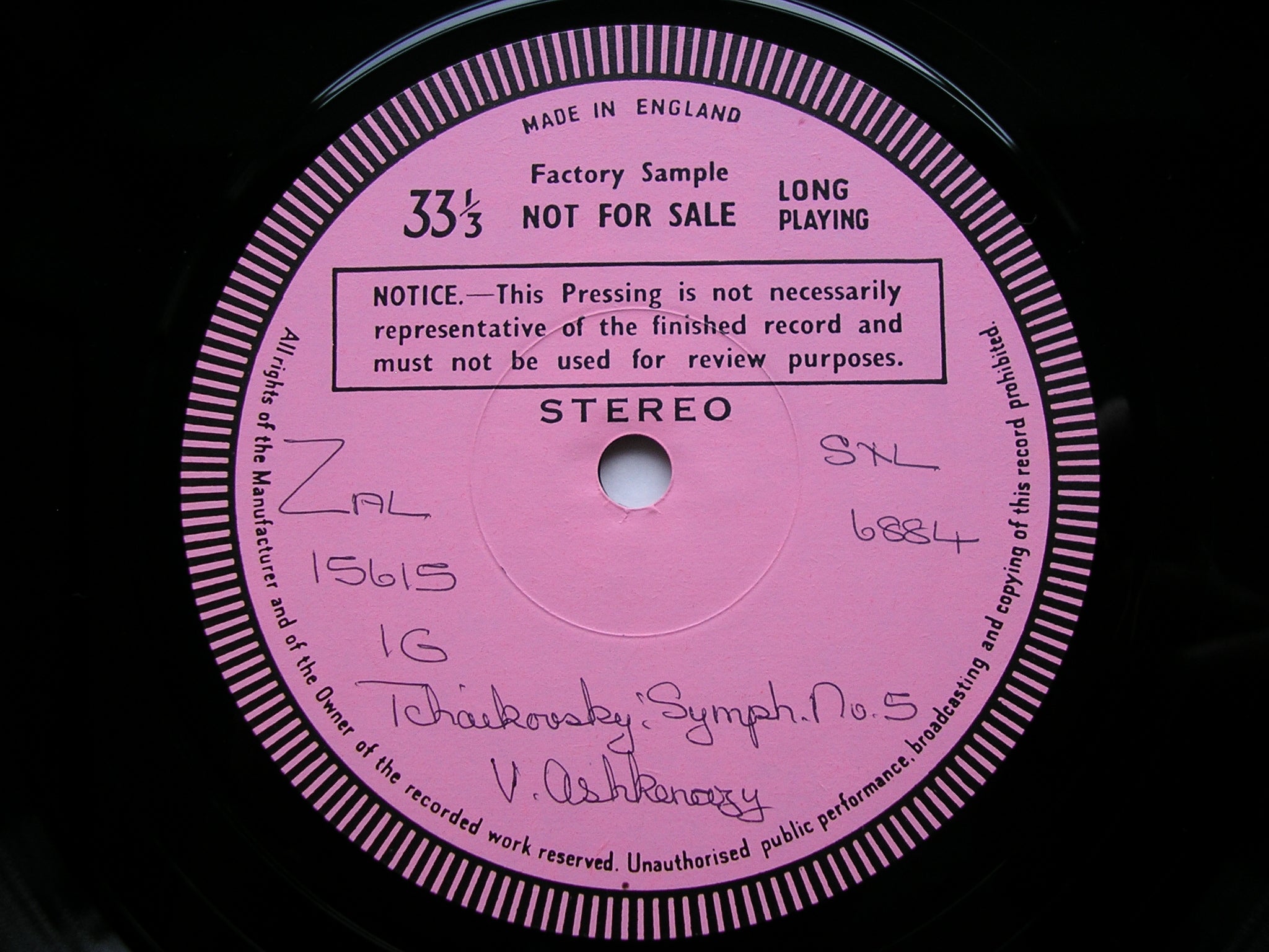 SXL 6884 TCHAIKOVSKY: SYMPHONY No. 5 ASHKENAZY / PHILHARMONIA ORCHESTRA test pressing