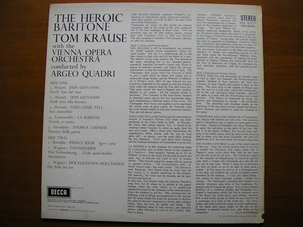 SXL 6327  THE HEROIC BARITONE: MOZART / WAGNER / ROSSINI / LEONCAVALLO / GIORDANO     TOM KRAUSE / VIENNA OPERA ORCHESTRA / QUADRI     ED2