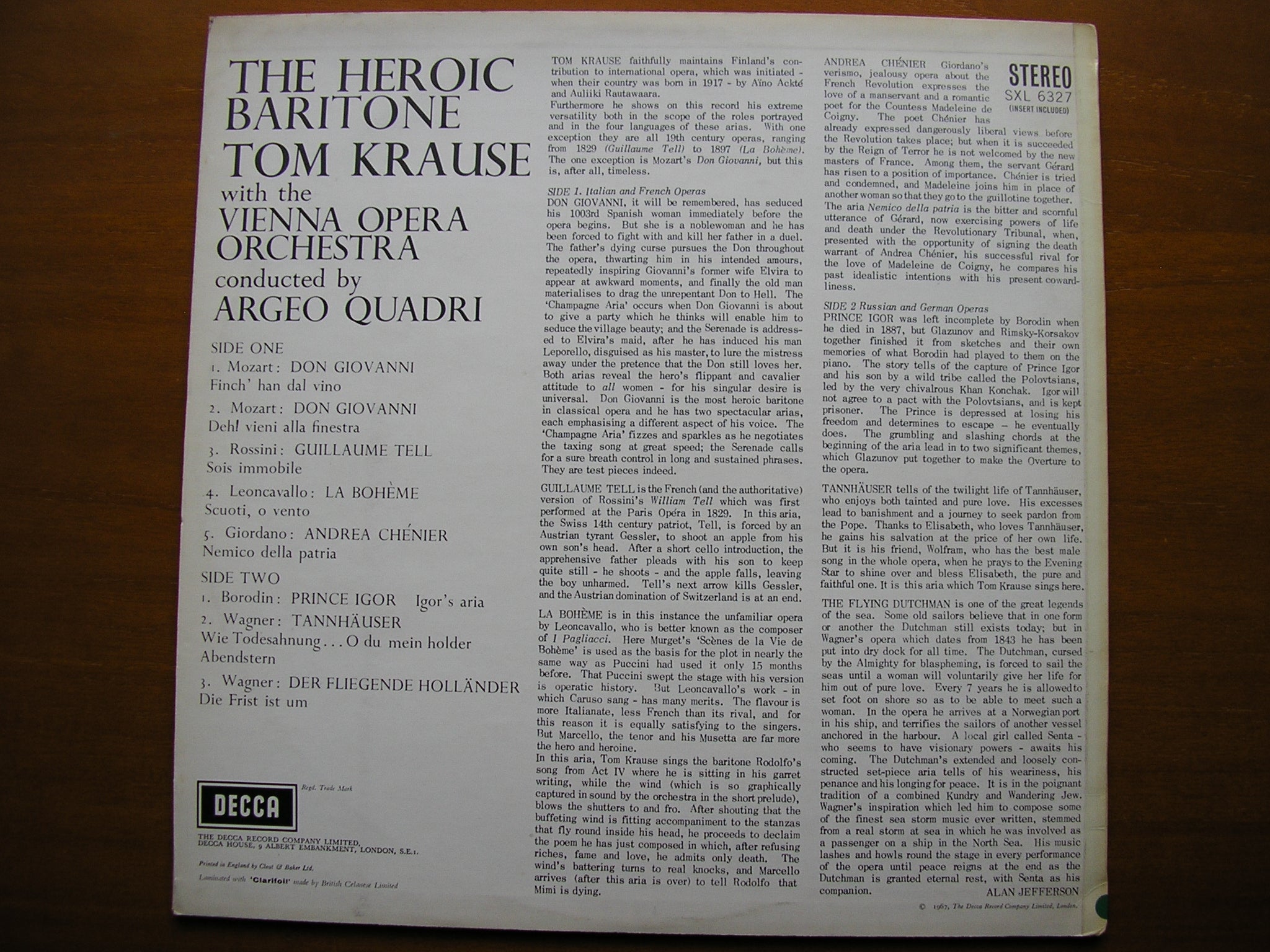 SXL 6327  THE HEROIC BARITONE: MOZART / WAGNER / ROSSINI / LEONCAVALLO / GIORDANO     TOM KRAUSE / VIENNA OPERA ORCHESTRA / QUADRI     ED2