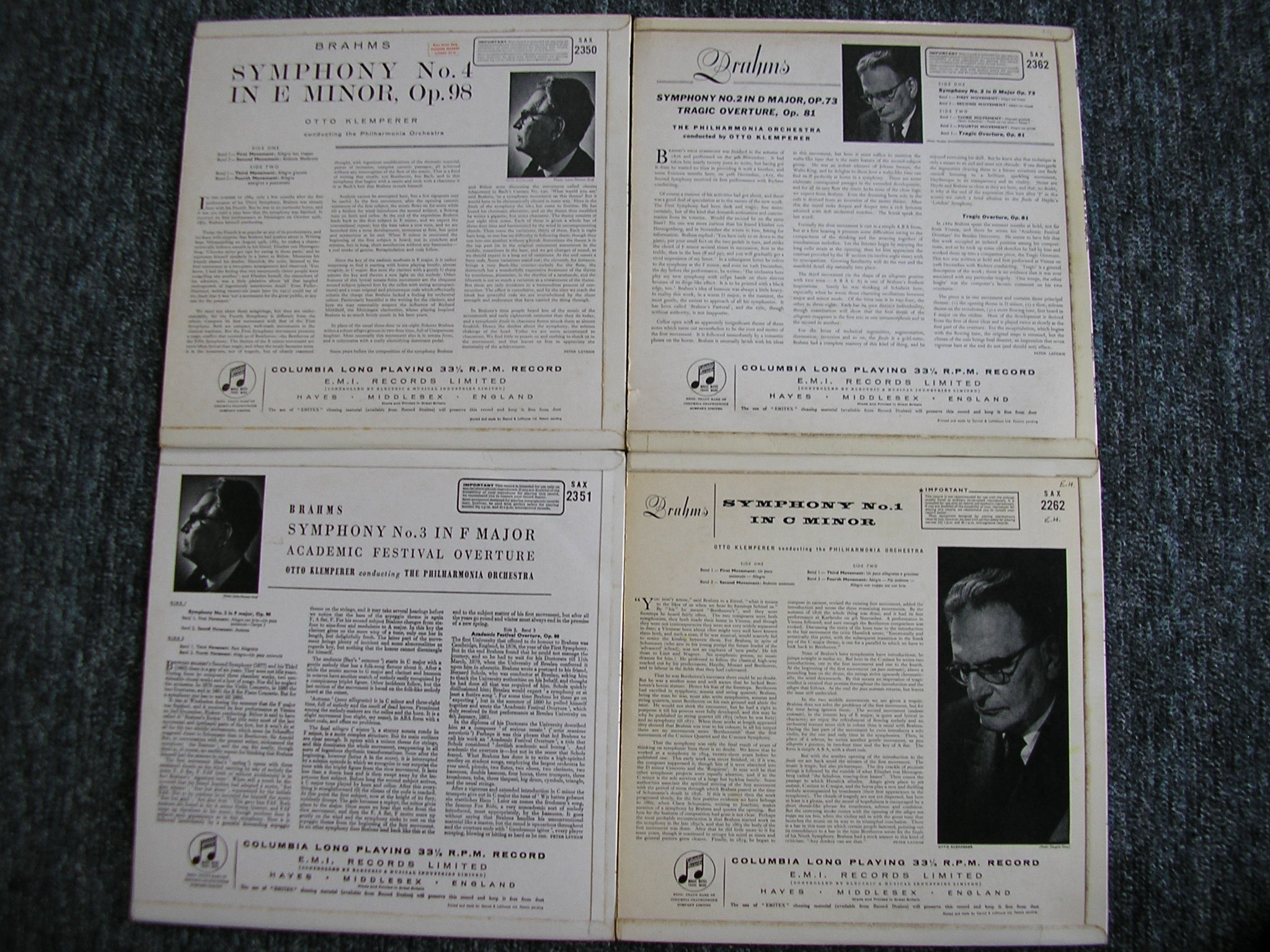 BRAHMS: THE FOUR SYMPHONIES / TWO OVERTURES     4LP   SAX 2262 /2350 / 2351 / 2362