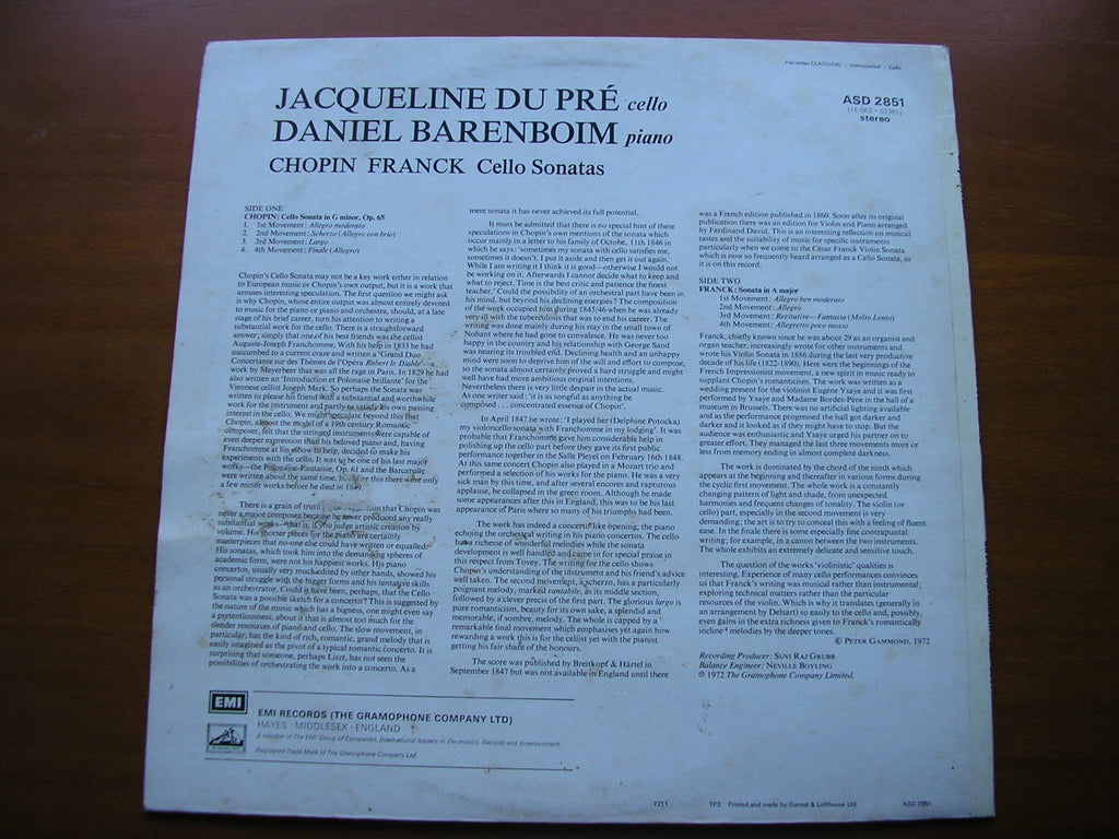 CHOPIN / FRANCK: CELLO SONATAS      JACQUELINE DU PRE / DANIEL BARENBOIM      ASD 2851
