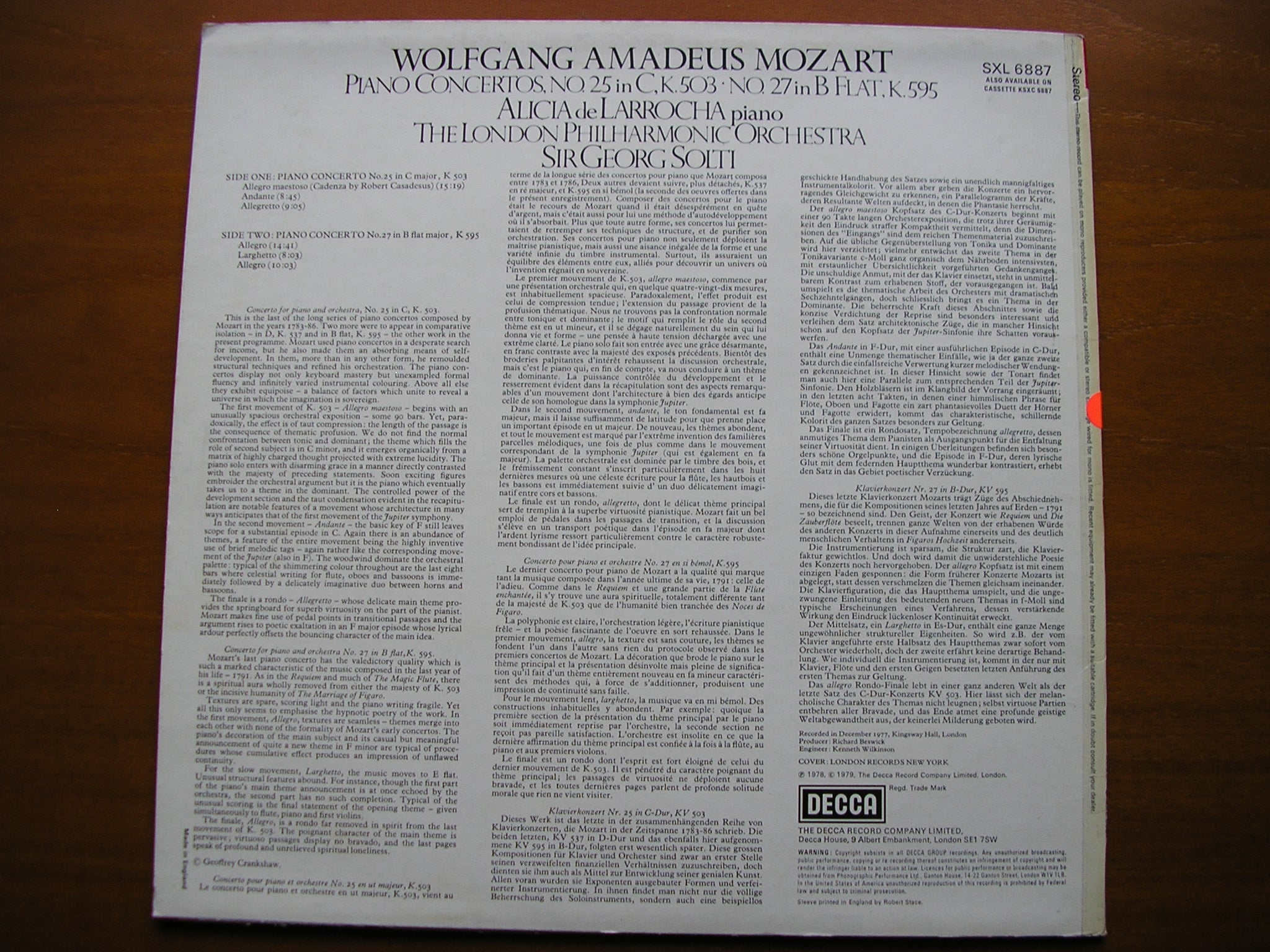 SXL 6887 MOZART: PIANO CONCERTOS Nos. 25 & 27 DE LARROCHA / LONDON PHILHARMONIC / SOLTI test pressing