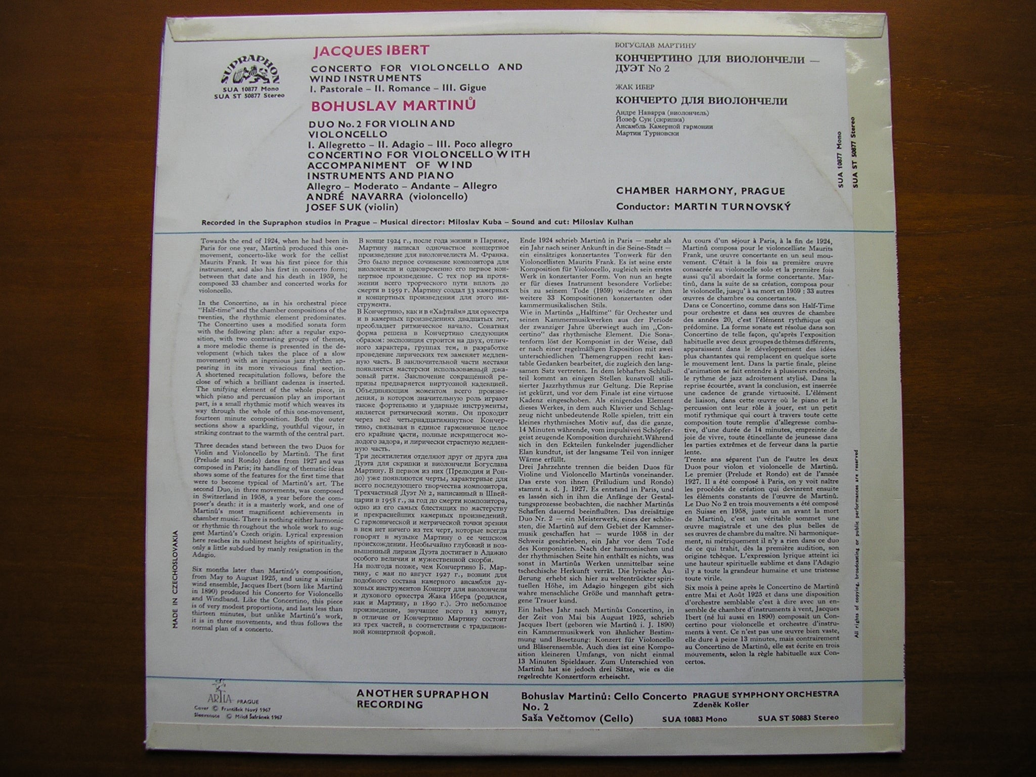 IBERT: CELLO CONCERTO / MARTINU: CONCERTINO / DUO No. 2     NAVARRA / SUK / PRAGUE CHAMBER ORCHESTRA / TURNOVSKY    SUA ST 50877