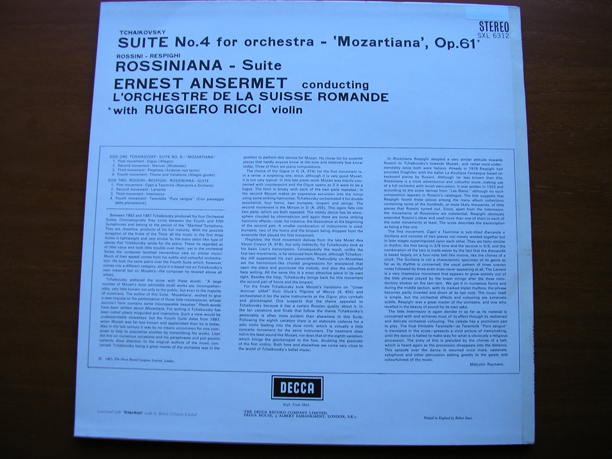 TCHAIKOVSKY: SUITE No. 4 'Mozartiana' / ROSSINI - RESPIGHI: 'Rossiniana' RICCI / SUISSE ROMANDE / ANSERMET      SXL 6312