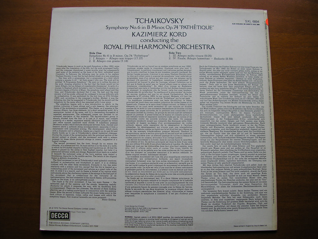 SXL 6894 TCHAIKOVSKY: SYMPHONY No. 6 'Pathetique' KORD / ROYAL PHILHARMONIC test pressing