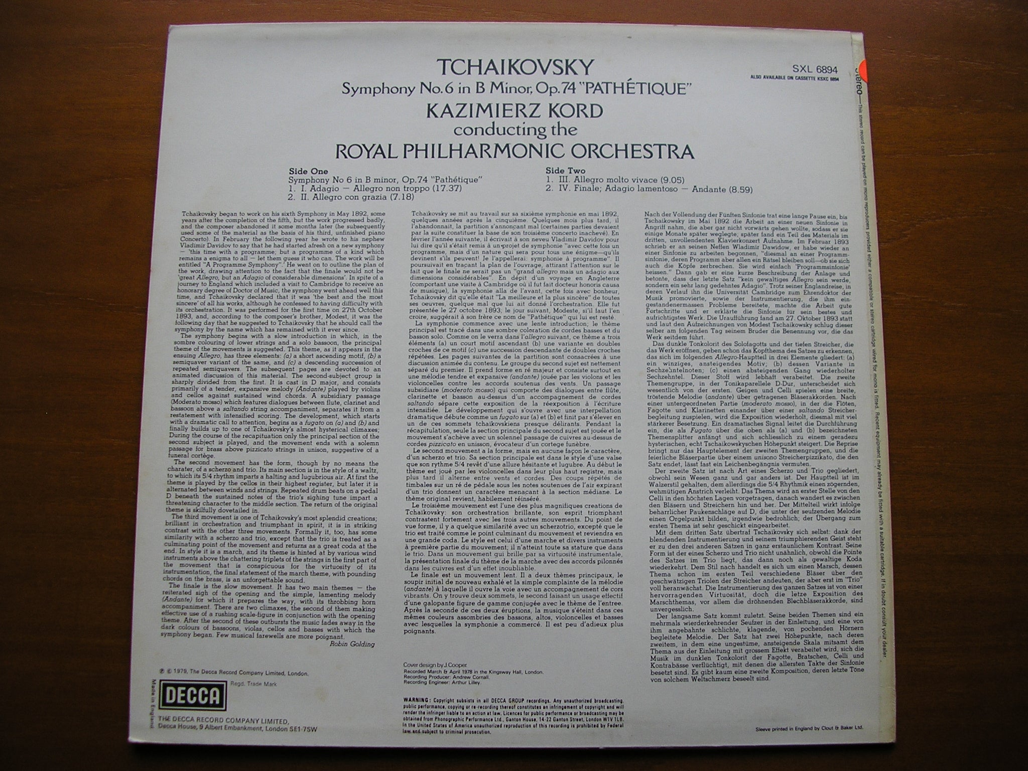 SXL 6894 TCHAIKOVSKY: SYMPHONY No. 6 'Pathetique' KORD / ROYAL PHILHARMONIC test pressing