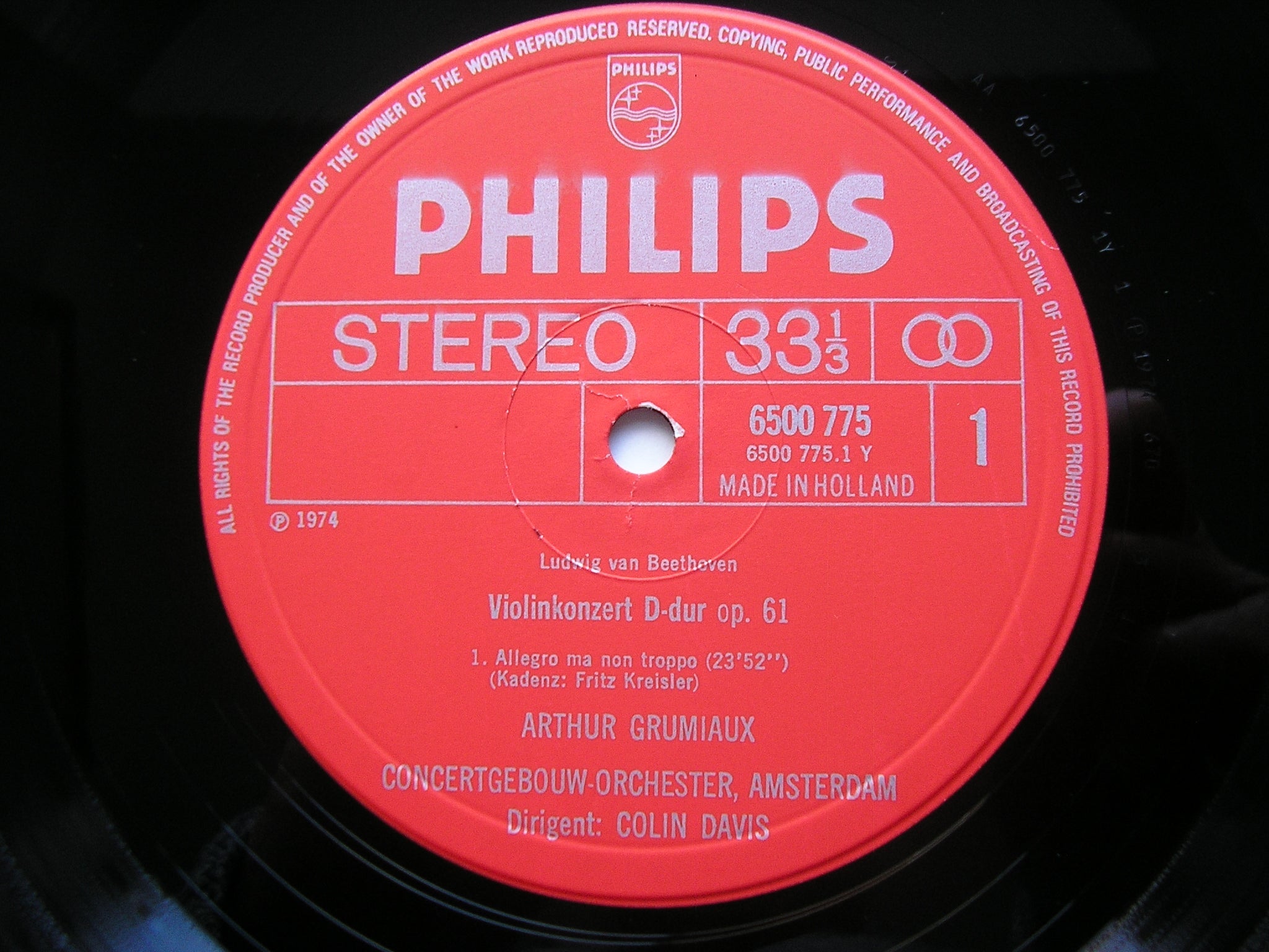 BEETHOVEN: VIOLIN CONCERTO / ARTHUR GRUMIAUX / CONCERTGEBOUW ORCHESTRA / COLIN DAVIS   6500 775